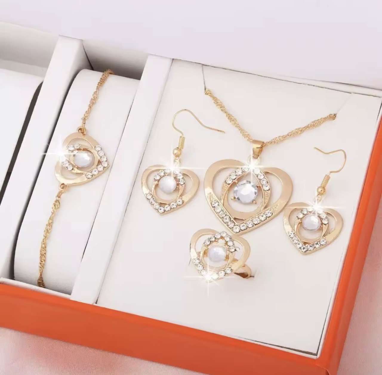 4-Piece Heart Design Jewelry Set,ElegantNecklaceEarrings Bracelet Ring,LuxuryWomen'sAccessories For 