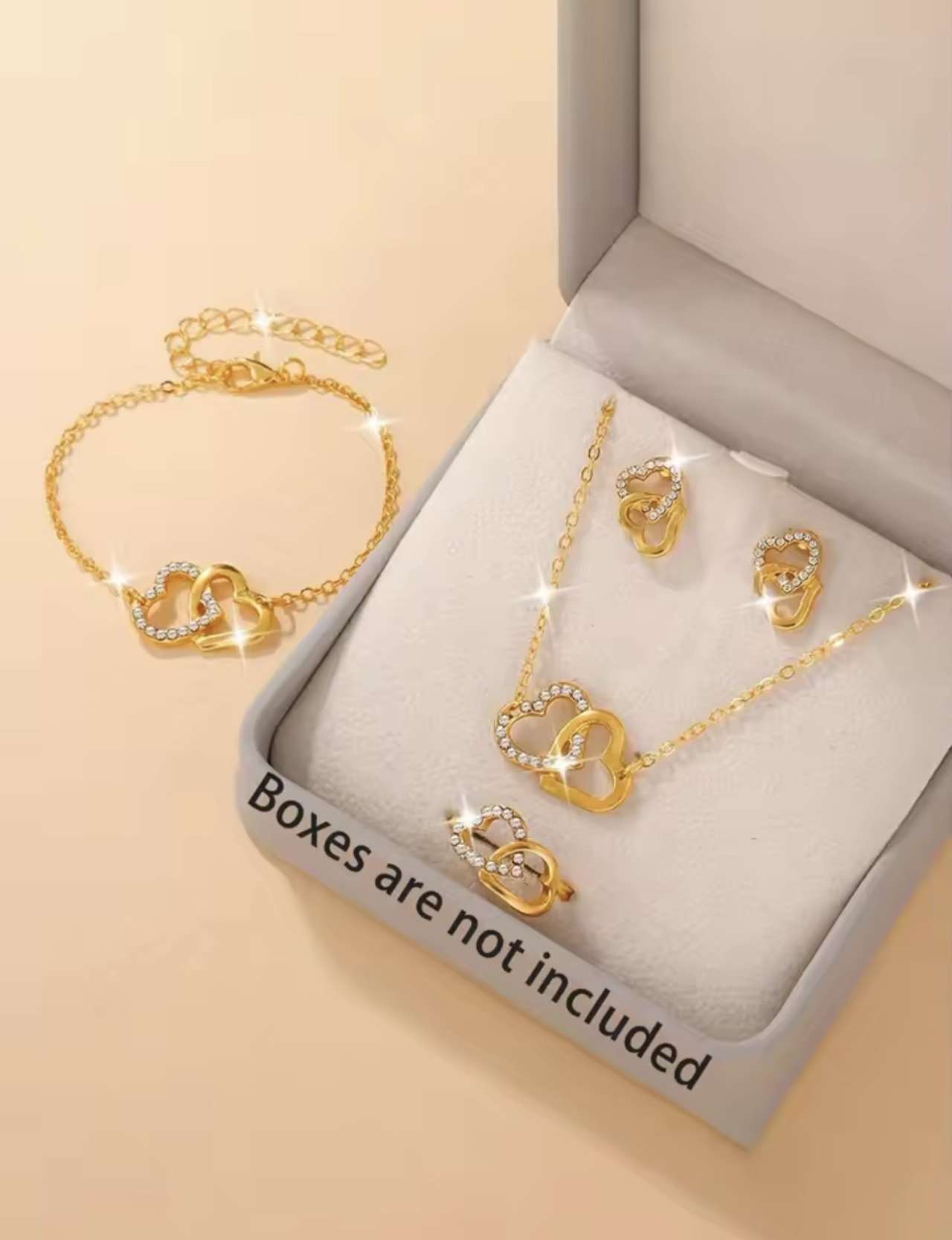 5 Piece Set Fashionable Elegant Gold Rhinestone Heart Shaped Decorative Jewelry Earrings Necklaces B