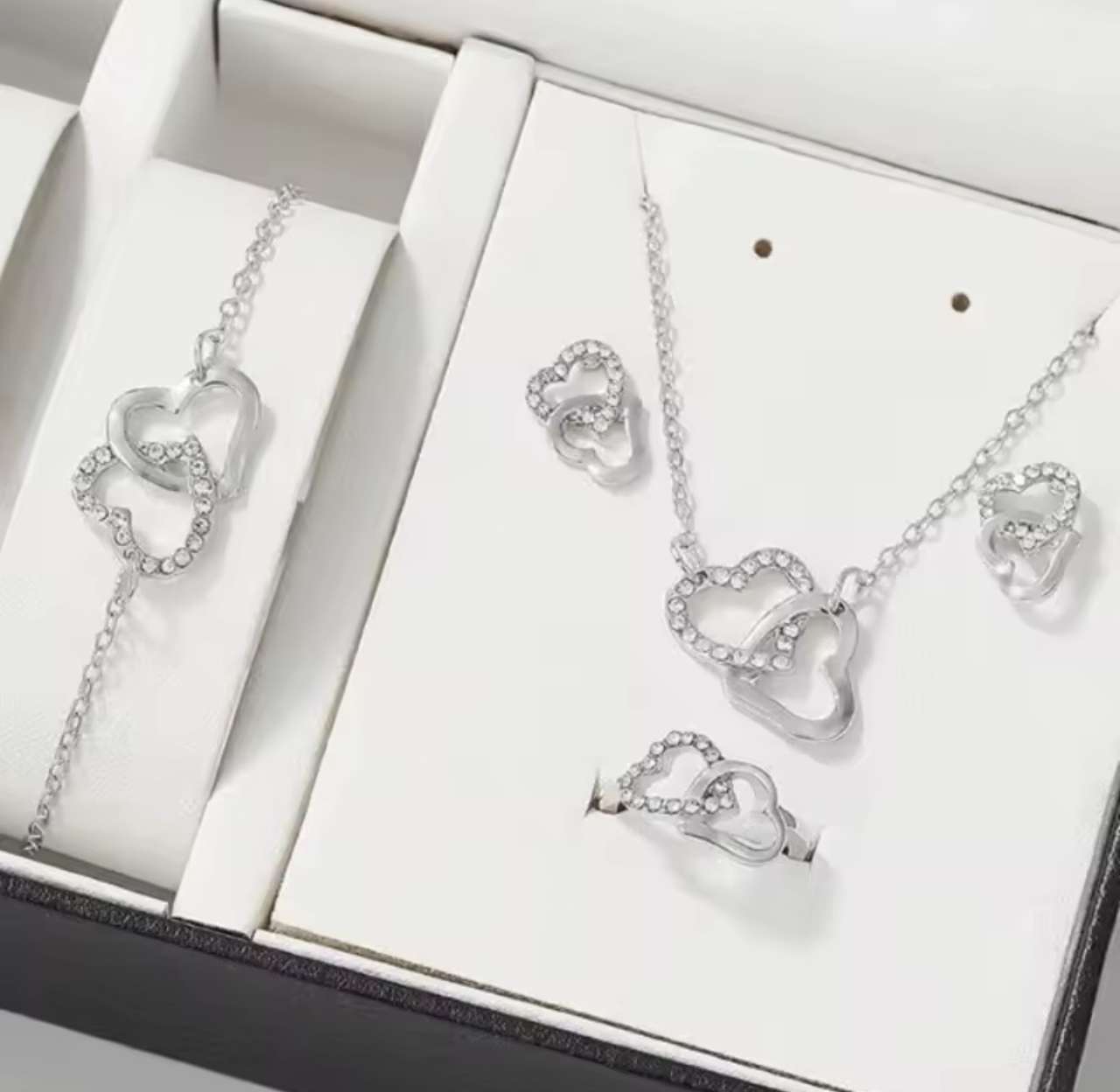 5PCS Elegance Double Heart Rhinestone Jewelry Set for Women - Includes Necklace, Earrings, and Ring