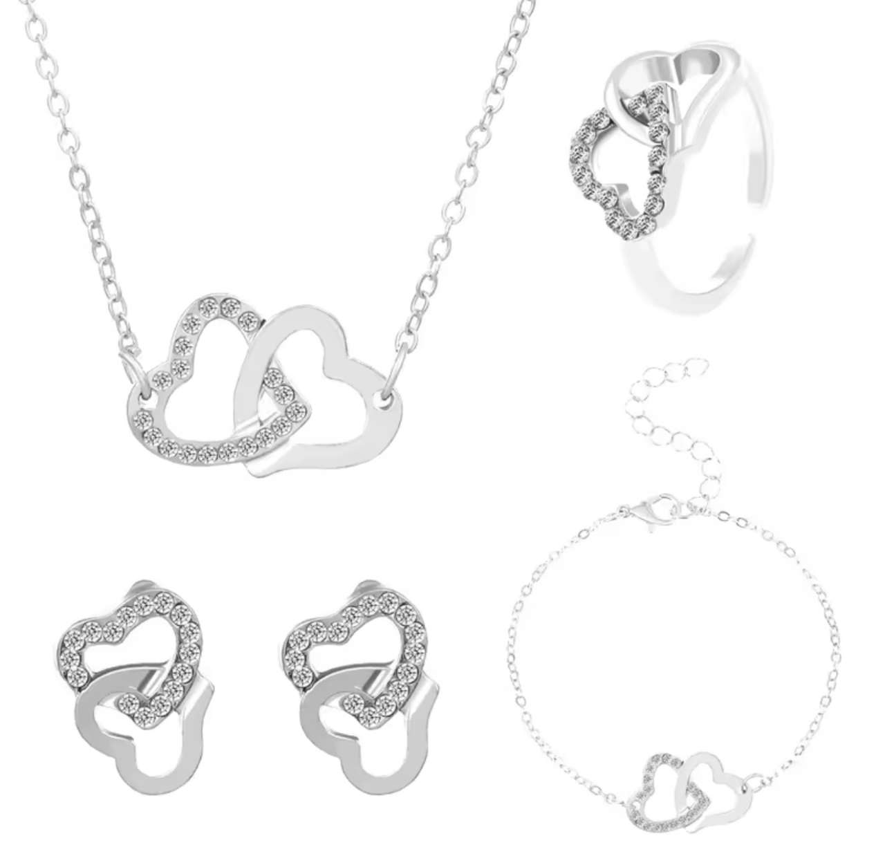 5PCS Elegance Double Heart Rhinestone Jewelry Set for Women - Includes Necklace, Earrings, and Ring