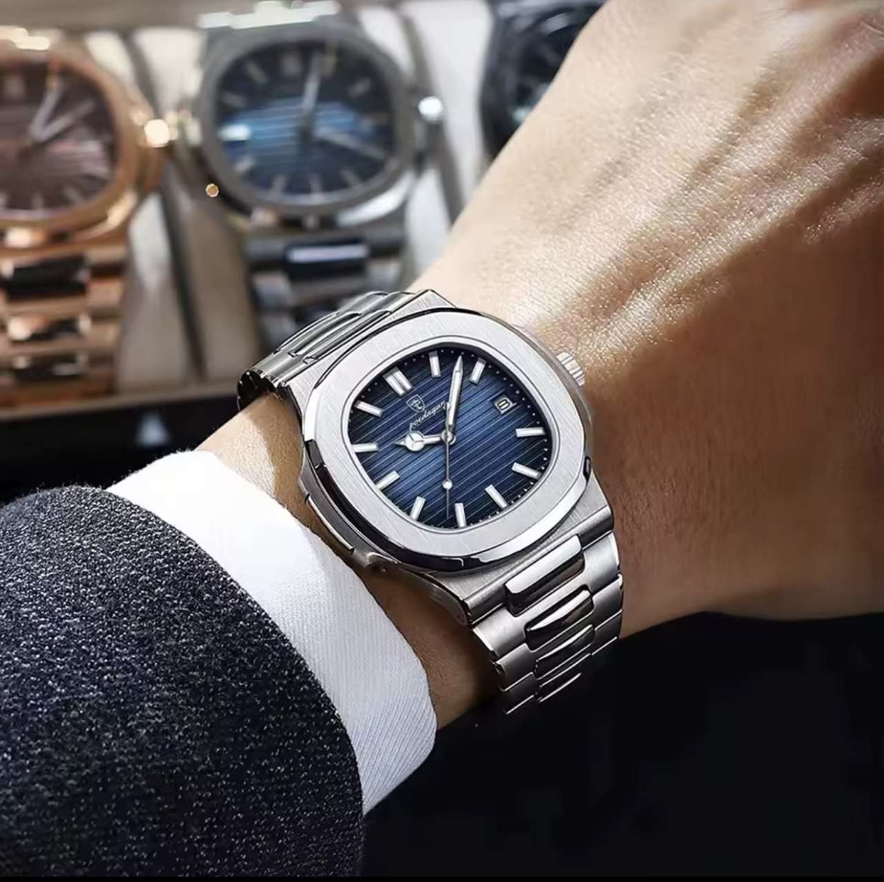 POEDAGAR Luxury Watch Business 50 ATM Waterproof Male Clock Luminous Date Stainless Steel Square Qua