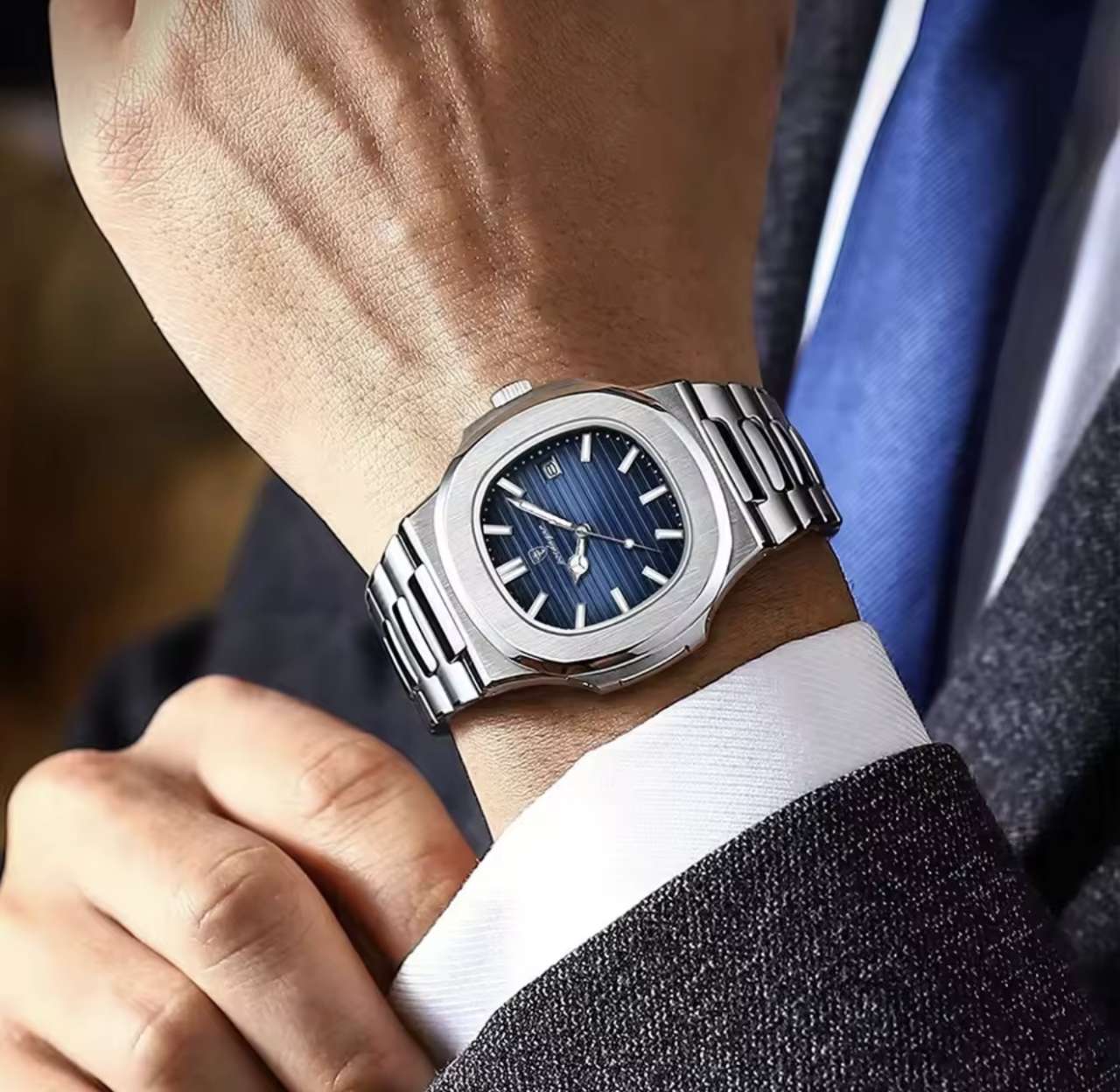 POEDAGAR Luxury Watch Business 50 ATM Waterproof Male Clock Luminous Date Stainless Steel Square Qua