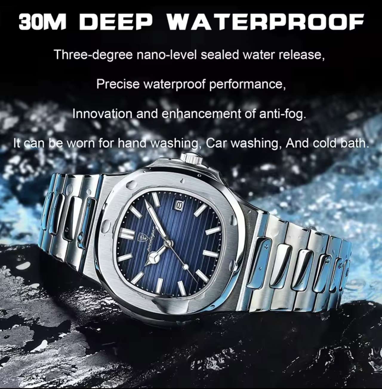 POEDAGAR Luxury Watch Business 50 ATM Waterproof Male Clock Luminous Date Stainless Steel Square Qua