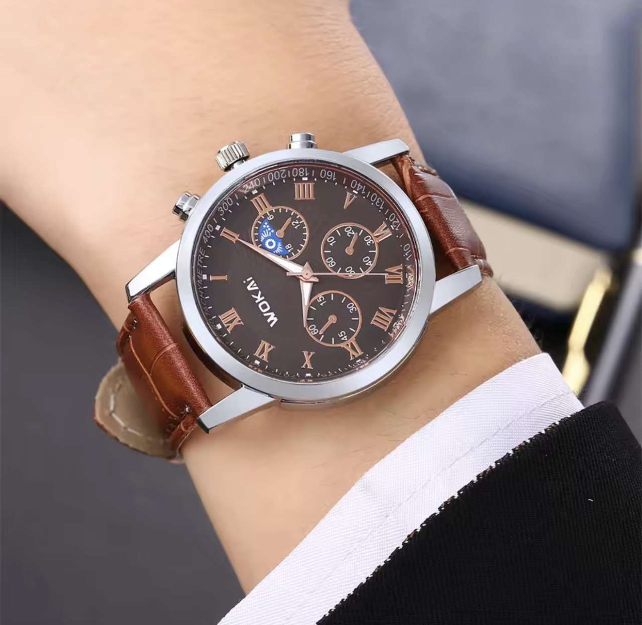 Wokai Brand Leisure Business Male Watch Quartz Sports Casual Leather Men's Relogio Clock Elegant Cas