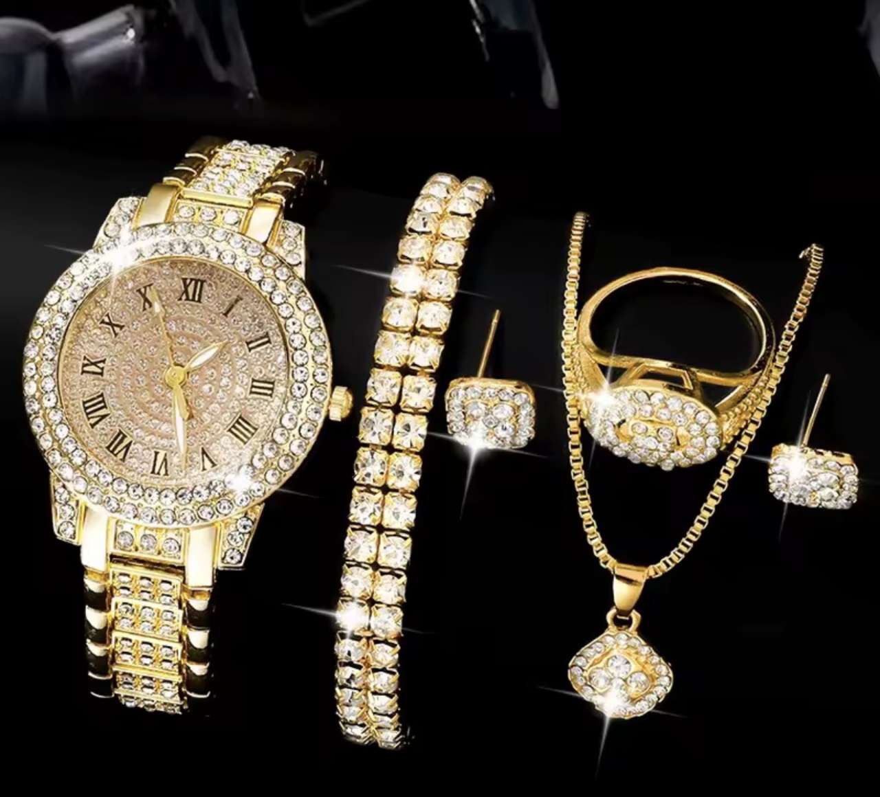 Golden Watch Women Ring Necklace Earrings Rhinestone Fashion Wristwatch Female Casual Ladies Watches