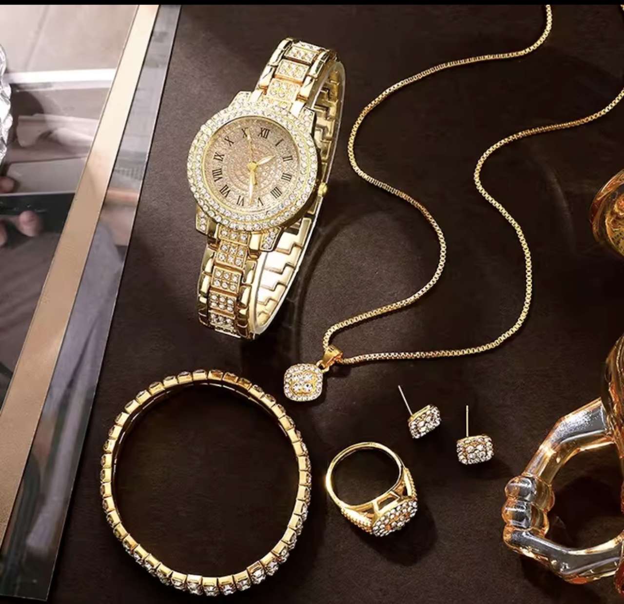 Golden Watch Women Ring Necklace Earrings Rhinestone Fashion Wristwatch Female Casual Ladies Watches