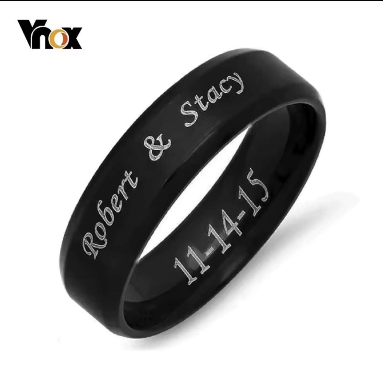 Vnox Personalize Stainless Steel Beveled Edge Brushed Center Ring for Men Women Black Wedding Band C