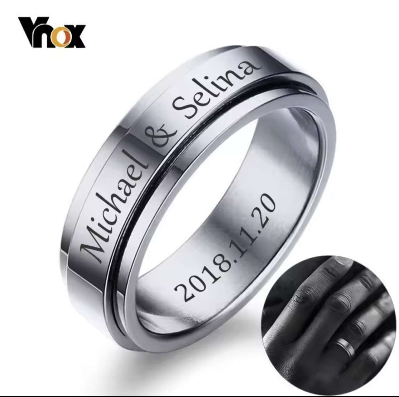 Vnox Personalized Spinner Ring for Men Women 6mm Stainless Steel Rotatable Wedding Band Custom Name 