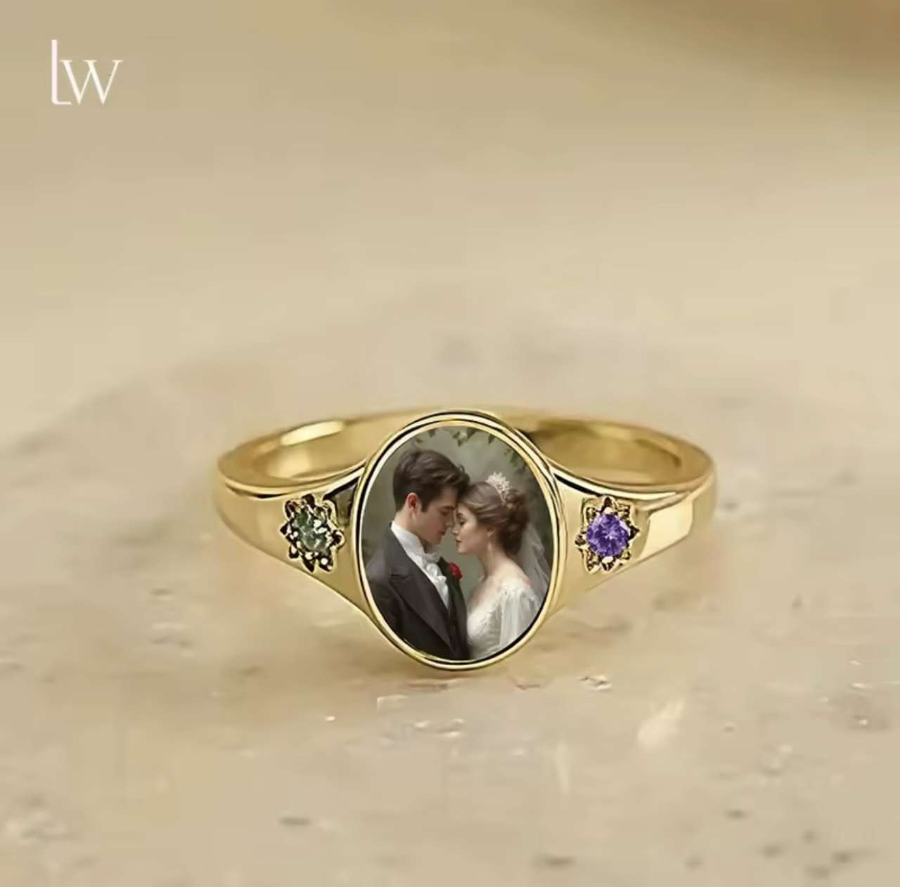 Custom Picture Rings Oval Photo Ring With 2 Birthstones Personalized Photo Memorial Anniversary Keep