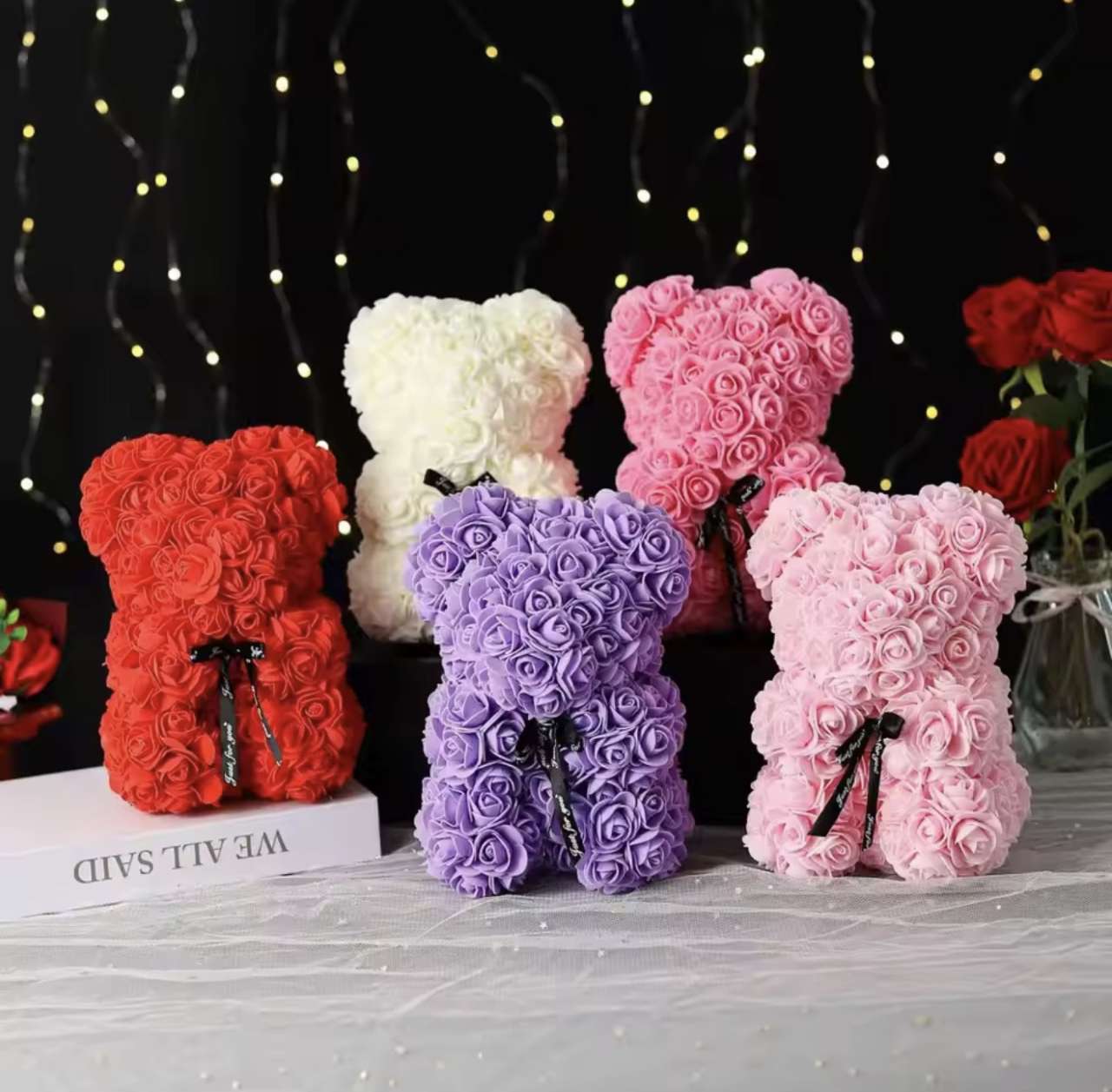 25cm Artificial Teddy Rose Flower Bear with Box Romantic Valentines Day Gift Girlfriend Women Annive