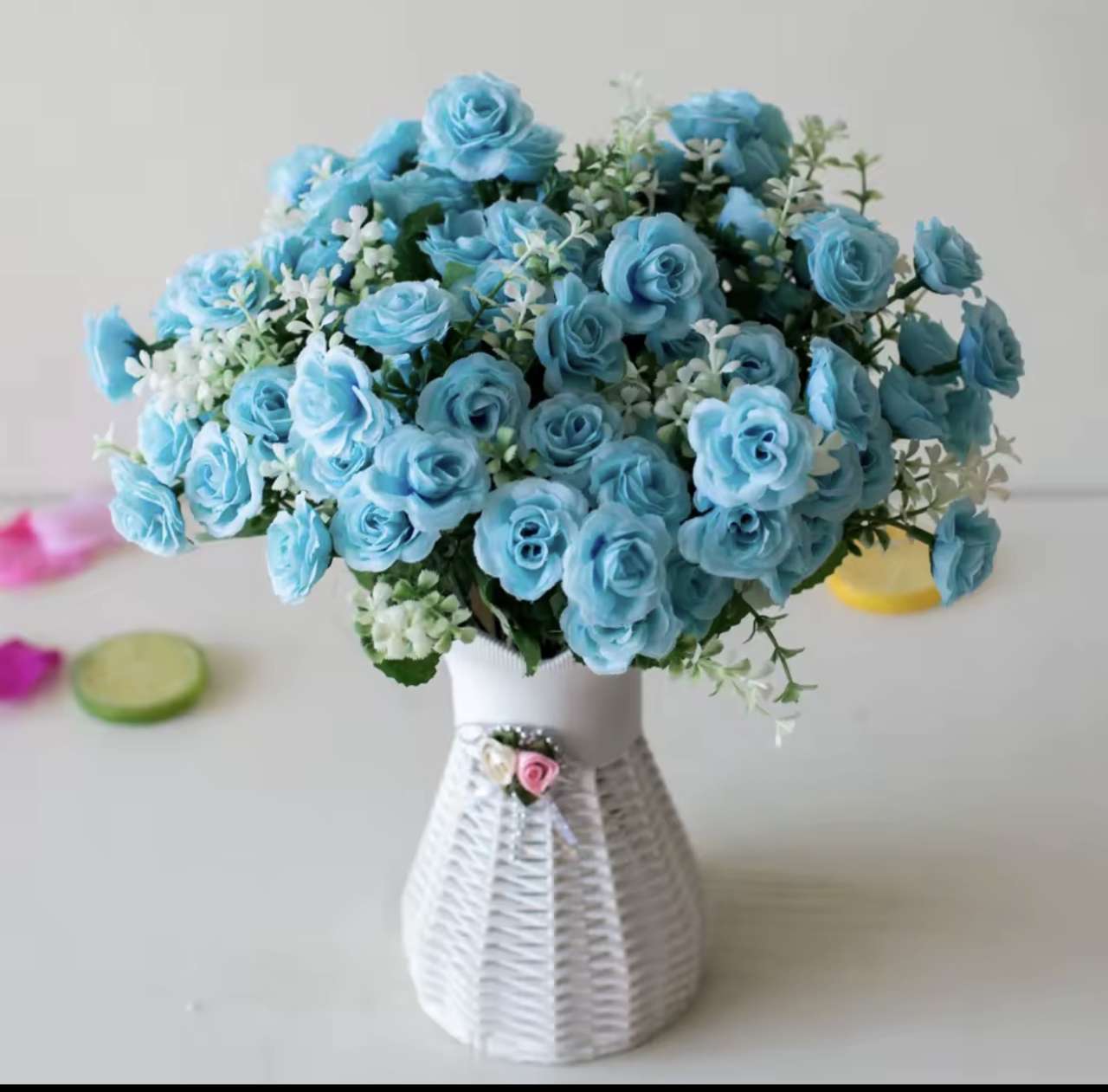 30cm 15Heads Artificial Mini Roses Flower Bouquet Home Living Room Office Desktop Ornament Fake Flow