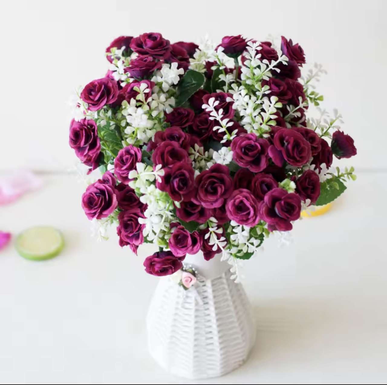 30cm 15Heads Artificial Mini Roses Flower Bouquet Home Living Room Office Desktop Ornament Fake Flow