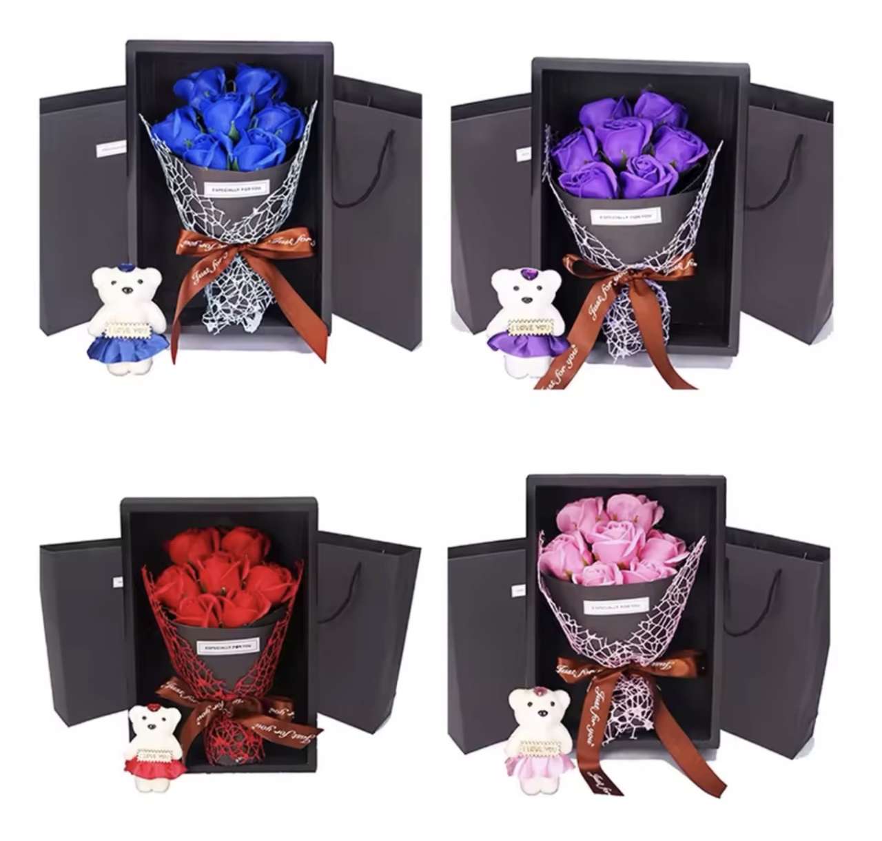 7 Heads Rose Artificial Bouquet Little Bear Gift Box Valentine's Day Handmade False Flower Bouquet M