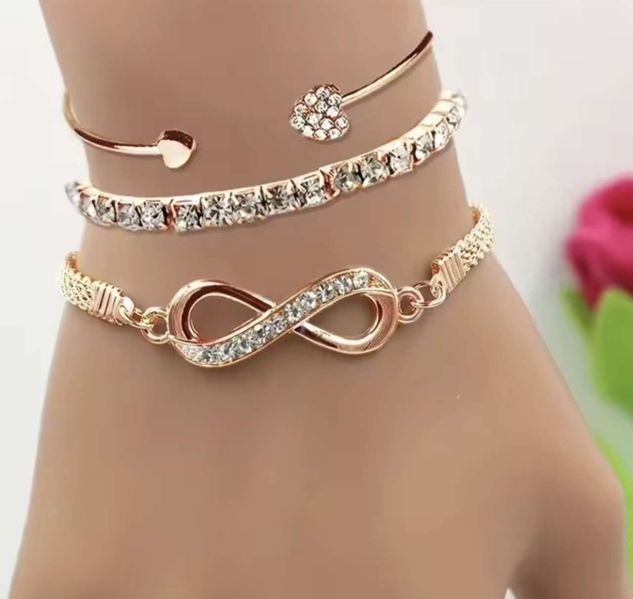 3Pcs Set Vintage Crystal Rhinestone Heart Bracelets