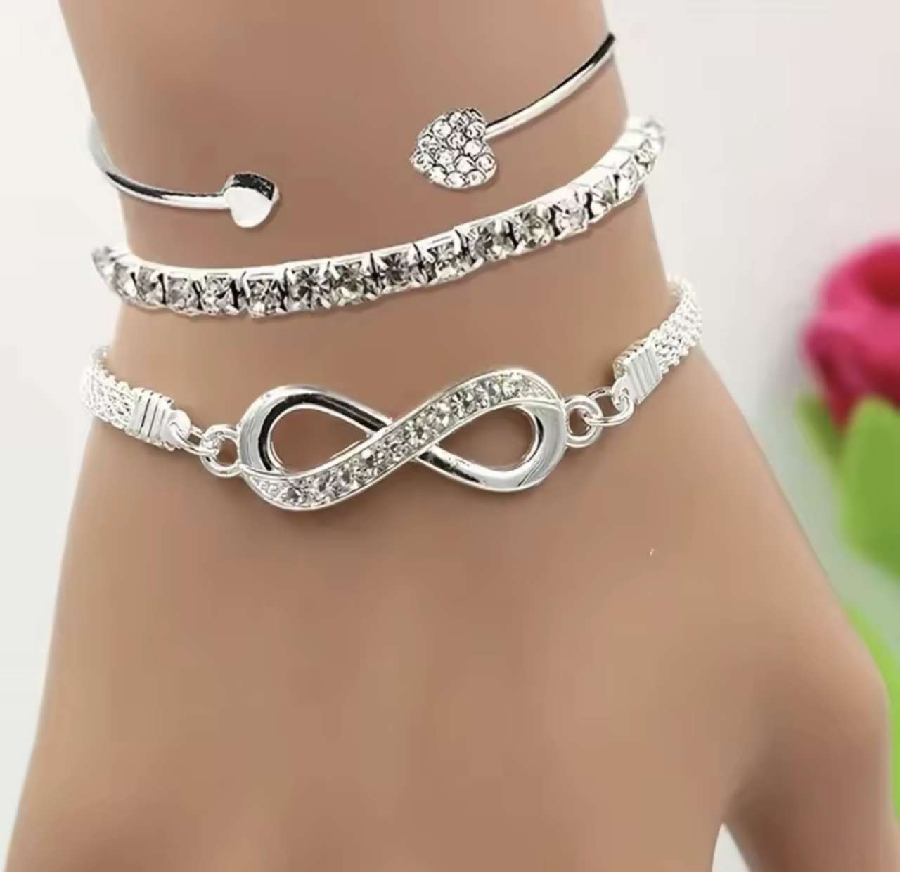 3Pcs Set Vintage Crystal Rhinestone Heart Bracelets