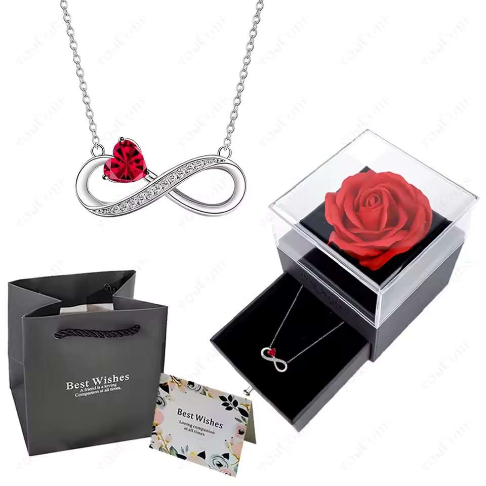 Luxury Pink Heart Pendant Necklaces With Rose Flower Gift Box