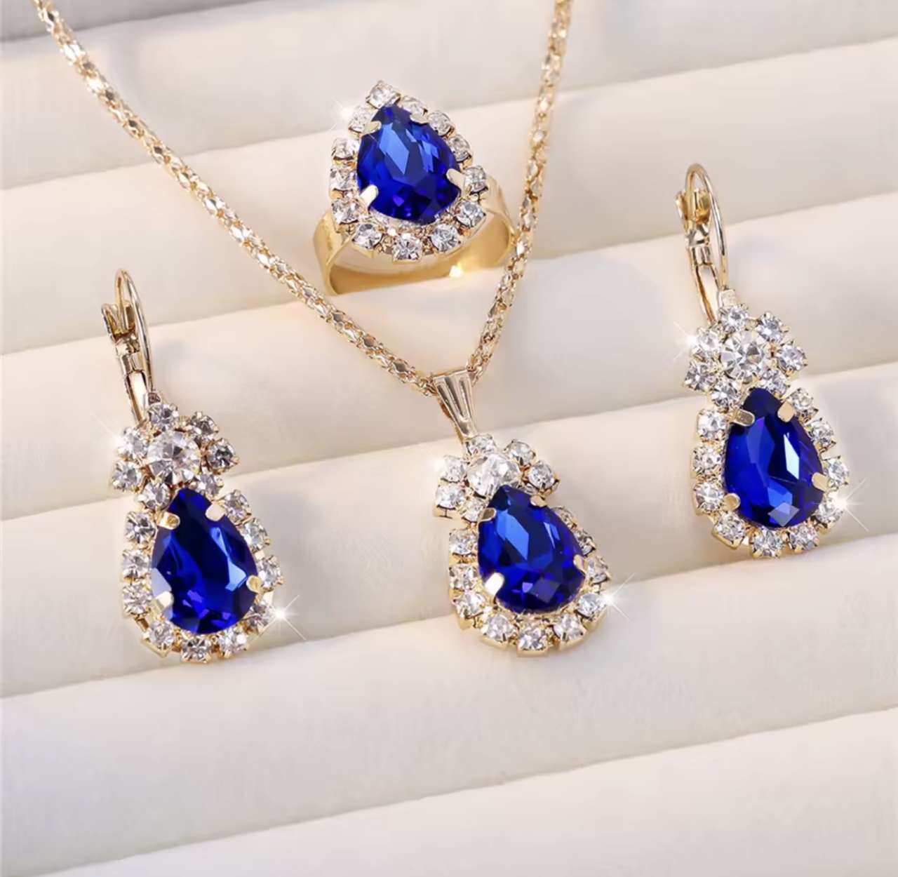 Luxury Female Women Blue Water Drop Wedding Jewelry Set