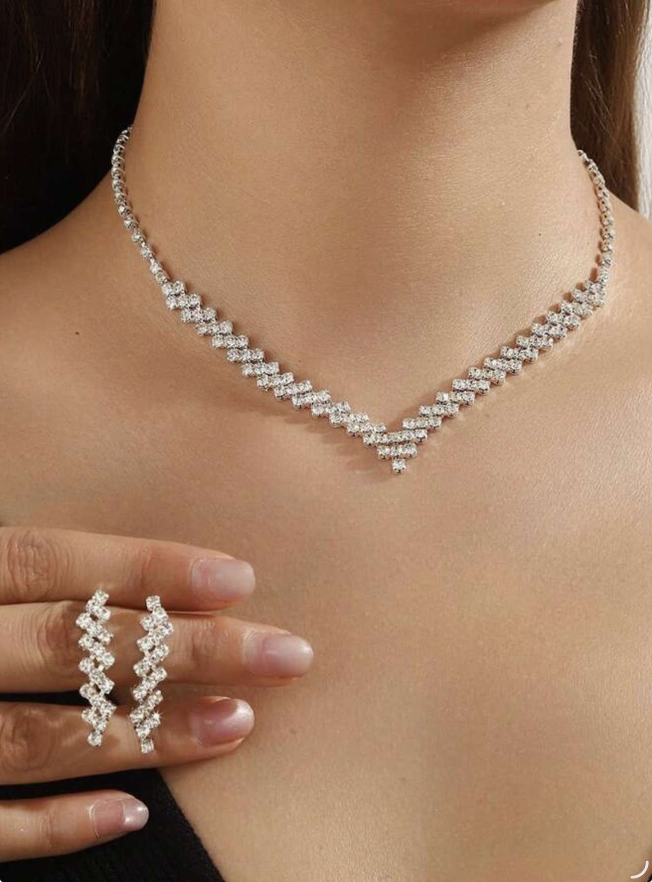 1pc Necklace + 1pair Earrings Fashionable Luxurious Rhinestone Inlaid Necklace & Earrings Set, Suita