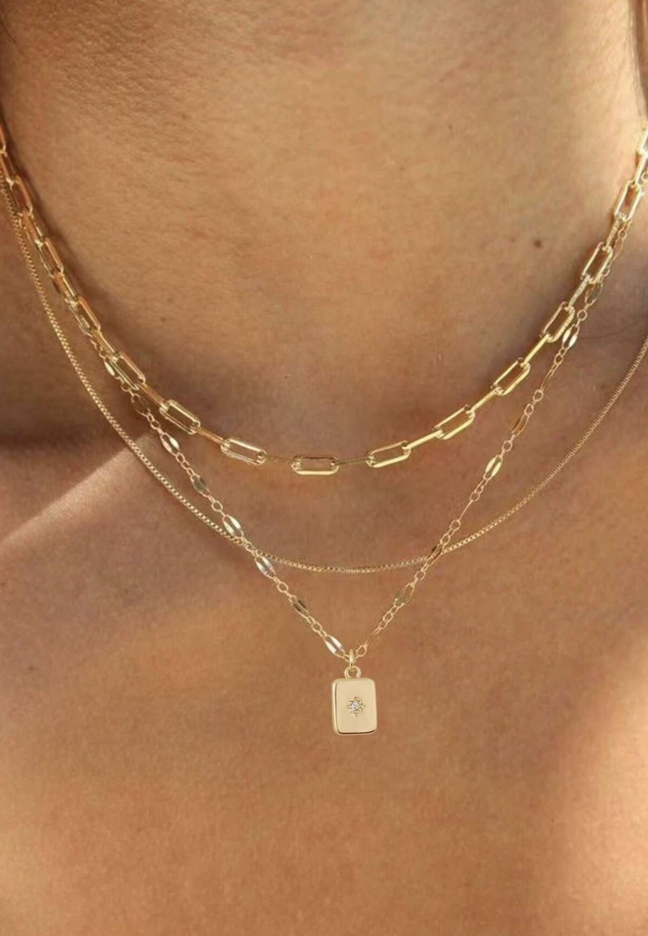 3pcs/Set Gold Tone Multi-Layer Geometric Paperclip & Cubic Zirconia Rectangle Pendant Necklace Jewel