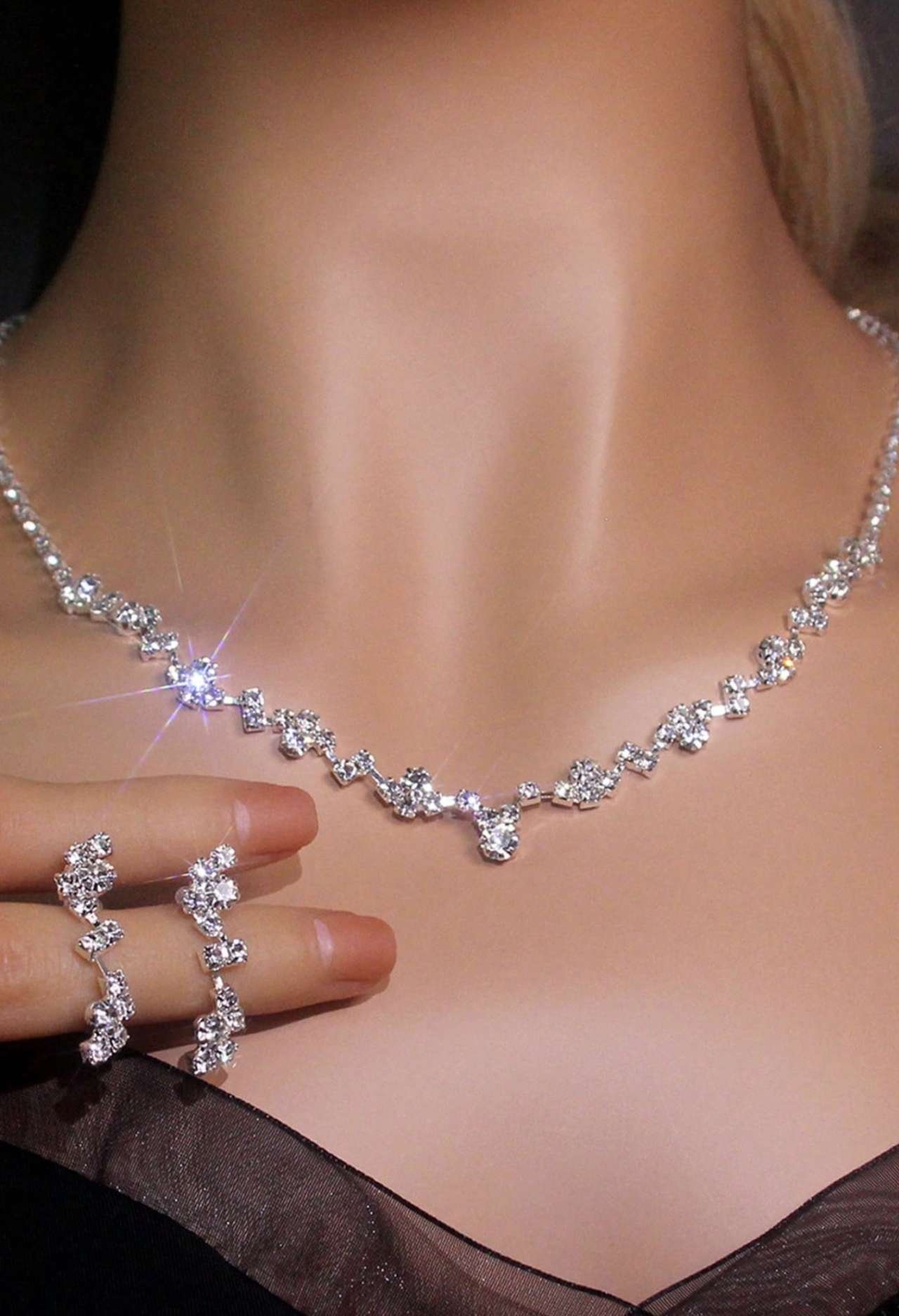 3pcs Simple Waterdrop-Shaped Rhinestone Necklace And Earrings Set Suitable For Women's Wedding