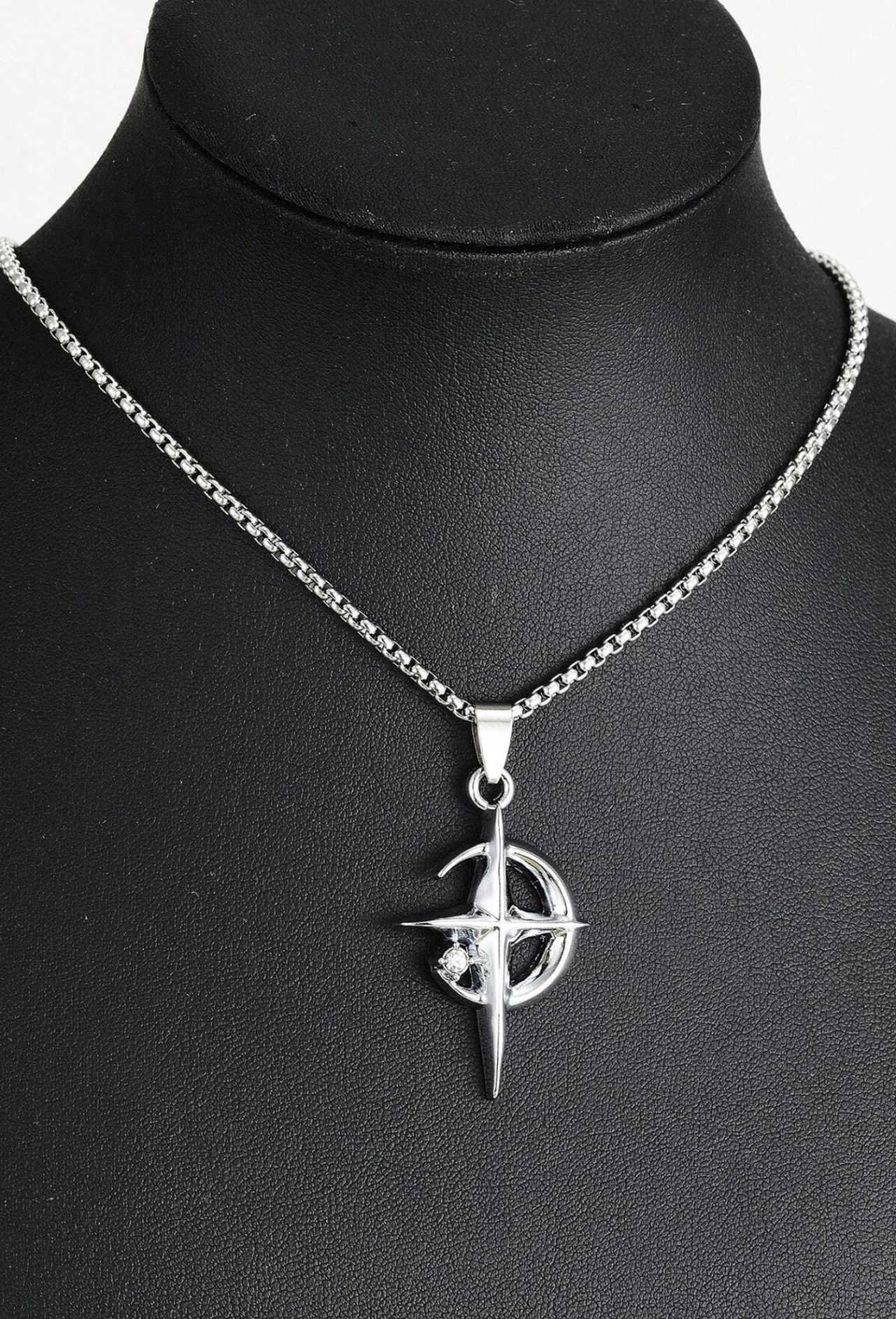 1pc European & American Fashion Halloween Crescent Moon & Star Pendant Necklace, Stainless Steel Bea