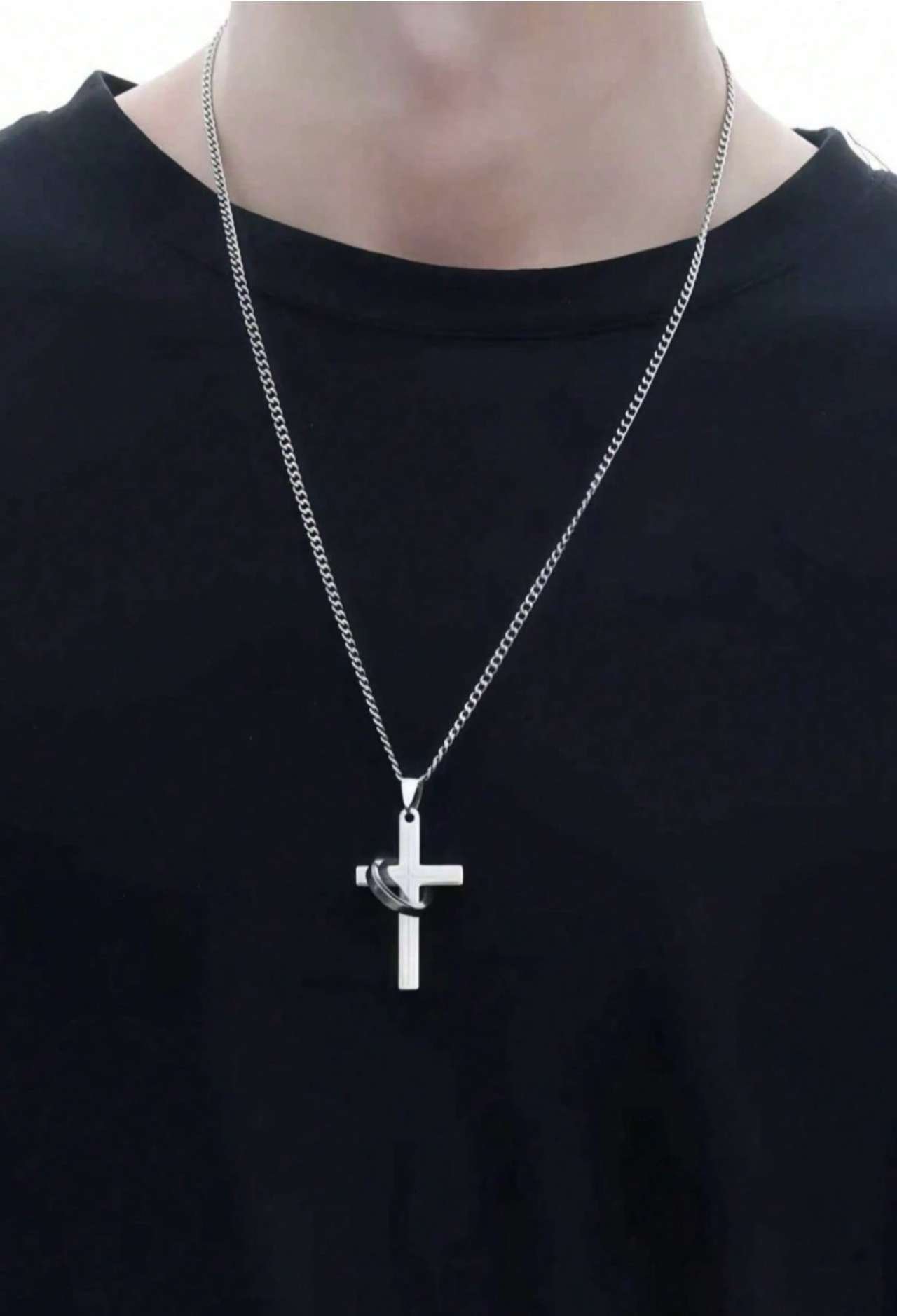1pc Stainless Steel Cross & Hoop Pendant Necklace, Punk Style, Non-Fading, Suitable For Daily Wear, 