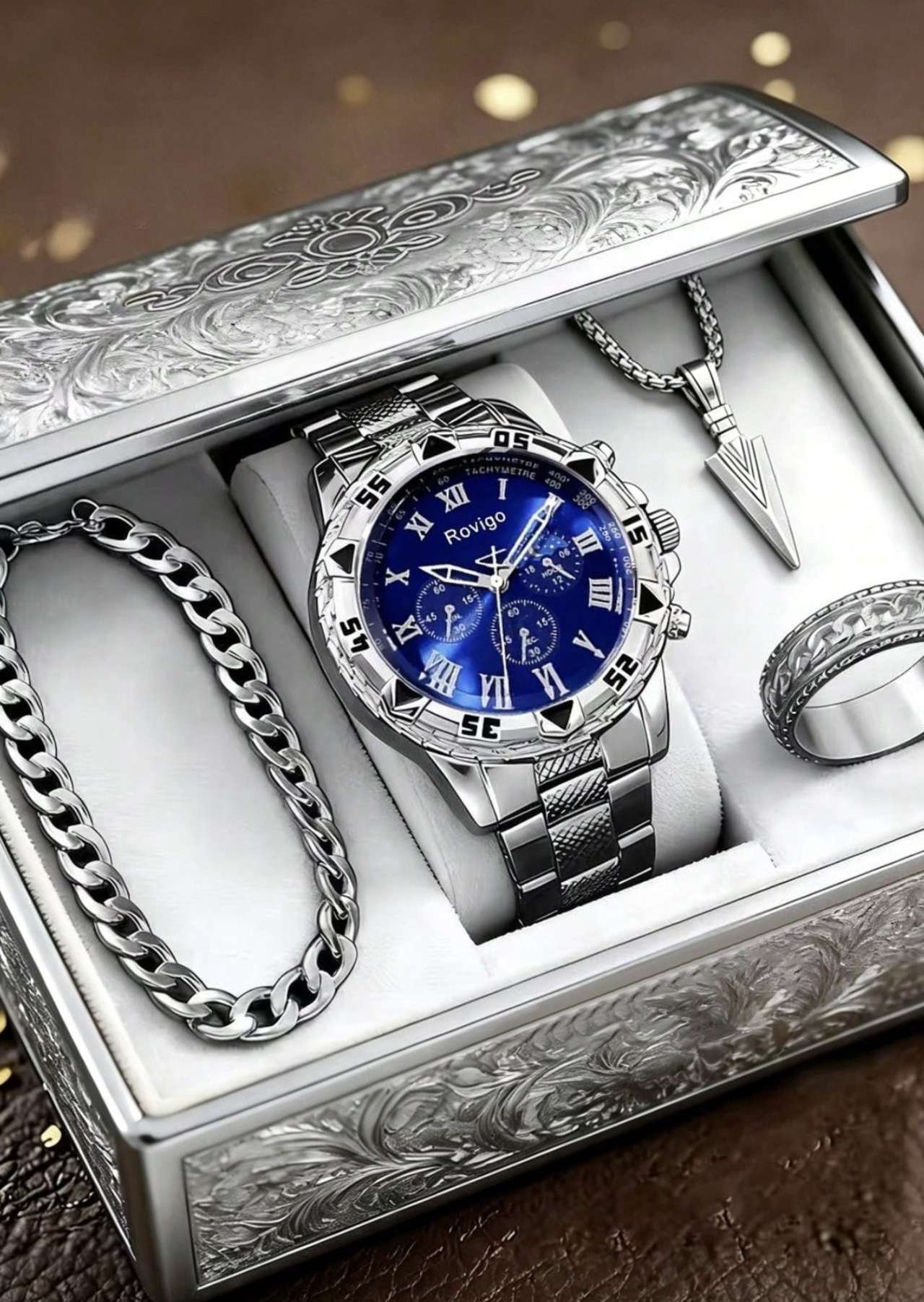 4-Piece Minimalist Business Men's Quartz Watch Set, Men's Hardcore Style Silver Accessory Set (Inclu