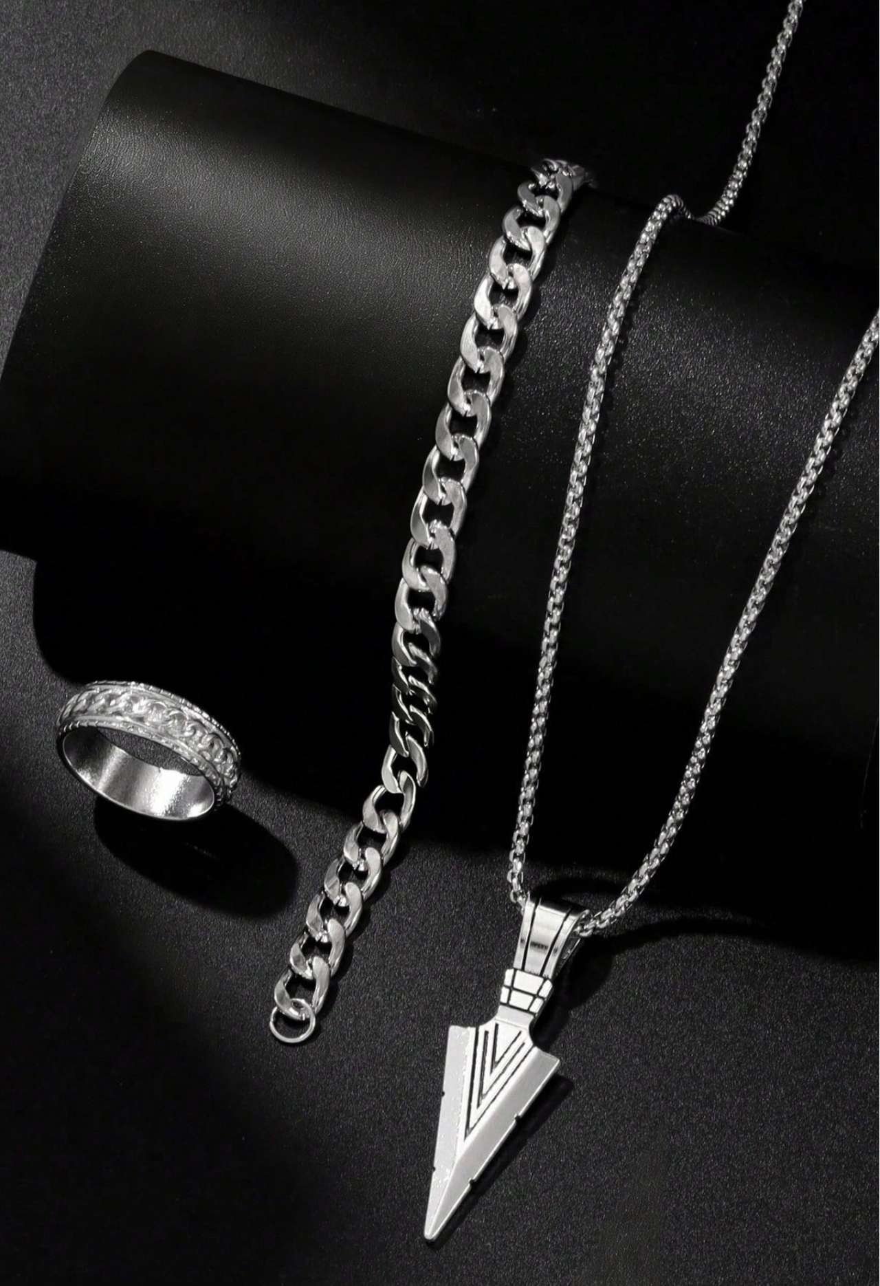 4-Piece Minimalist Business Men's Quartz Watch Set, Men's Hardcore Style Silver Accessory Set (Inclu