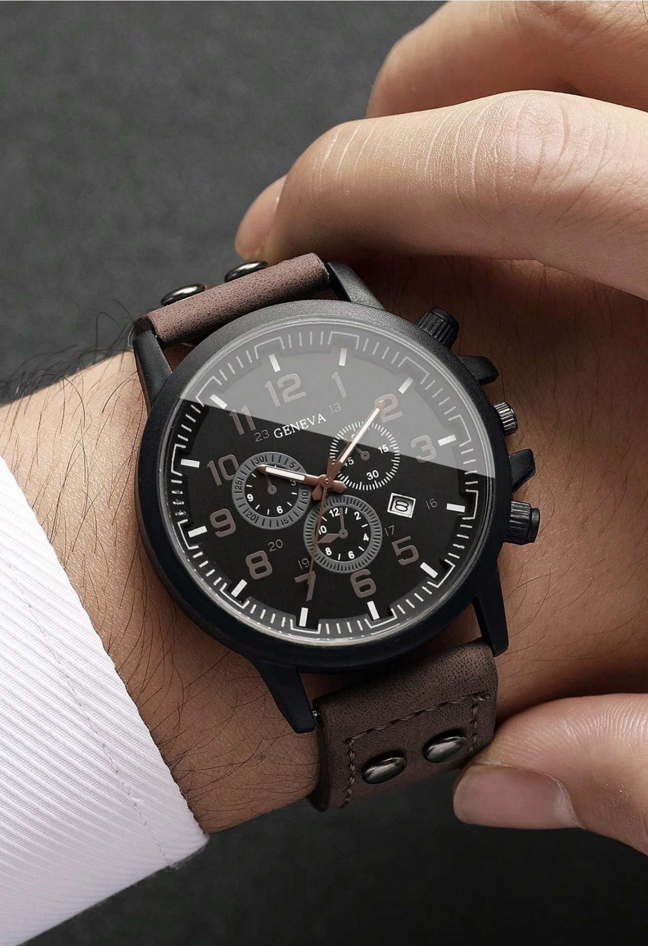 Men's Gift Watch PU Strap Classic Three-Eye Digital Calendar Dial Sports Casual Quartz Wristwatch, G