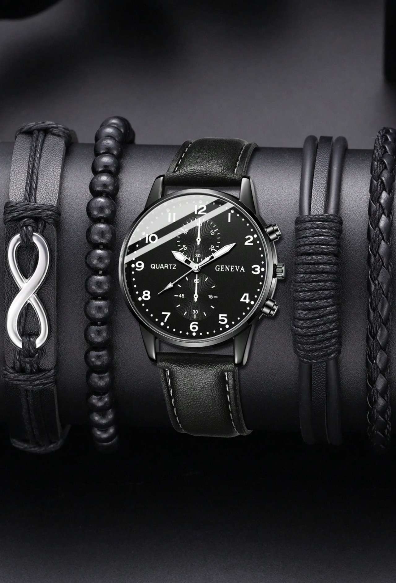 5pcs Men's Black PU Leather Watch Bands, Fashion Business Arabic Numeral Scale Quartz Watch Straps, 