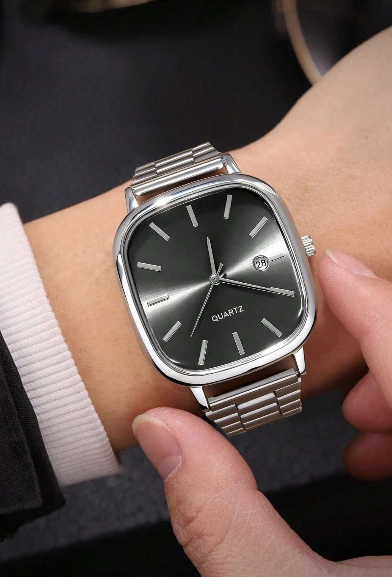 2PCS/1PC-Watch Optional Minimalist Square Quartz Watch Set, Featuring Silver And Black Dual-Color Sq