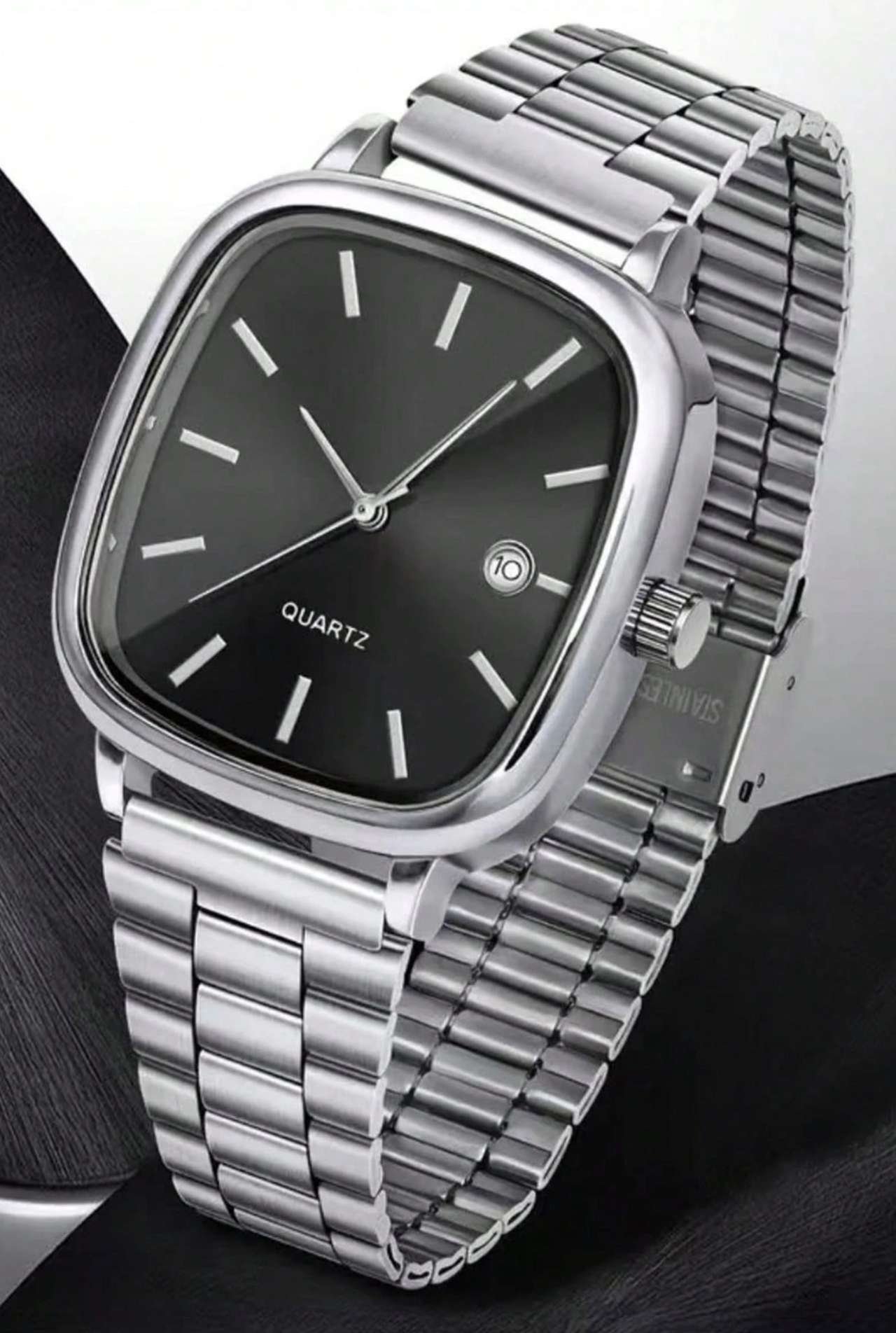 2PCS/1PC-Watch Optional Minimalist Square Quartz Watch Set, Featuring Silver And Black Dual-Color Sq