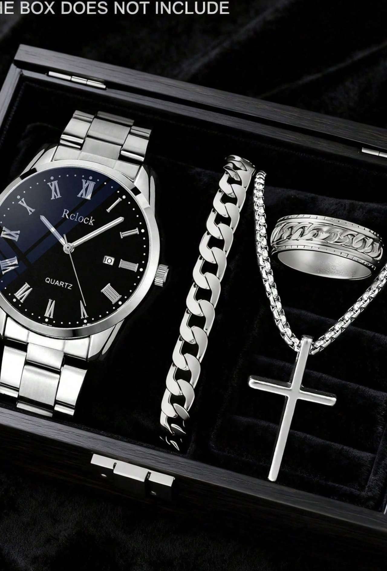 4pcs/Set Minimalist Casual Men's Quartz Watch Set, Including Silver Metal Watch Band, Black Dial Rom