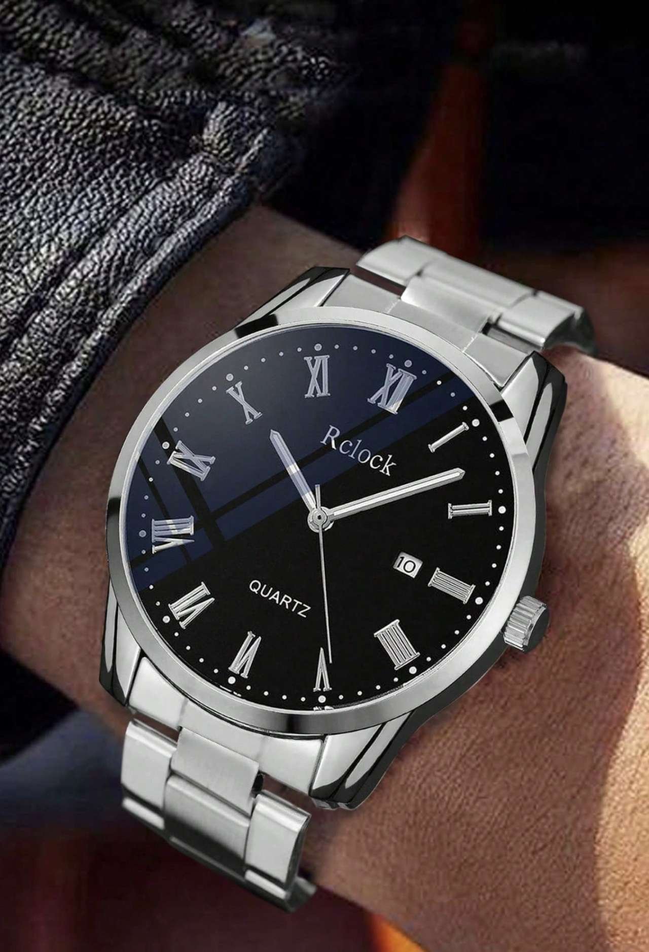 4pcs/Set Minimalist Casual Men's Quartz Watch Set, Including Silver Metal Watch Band, Black Dial Rom