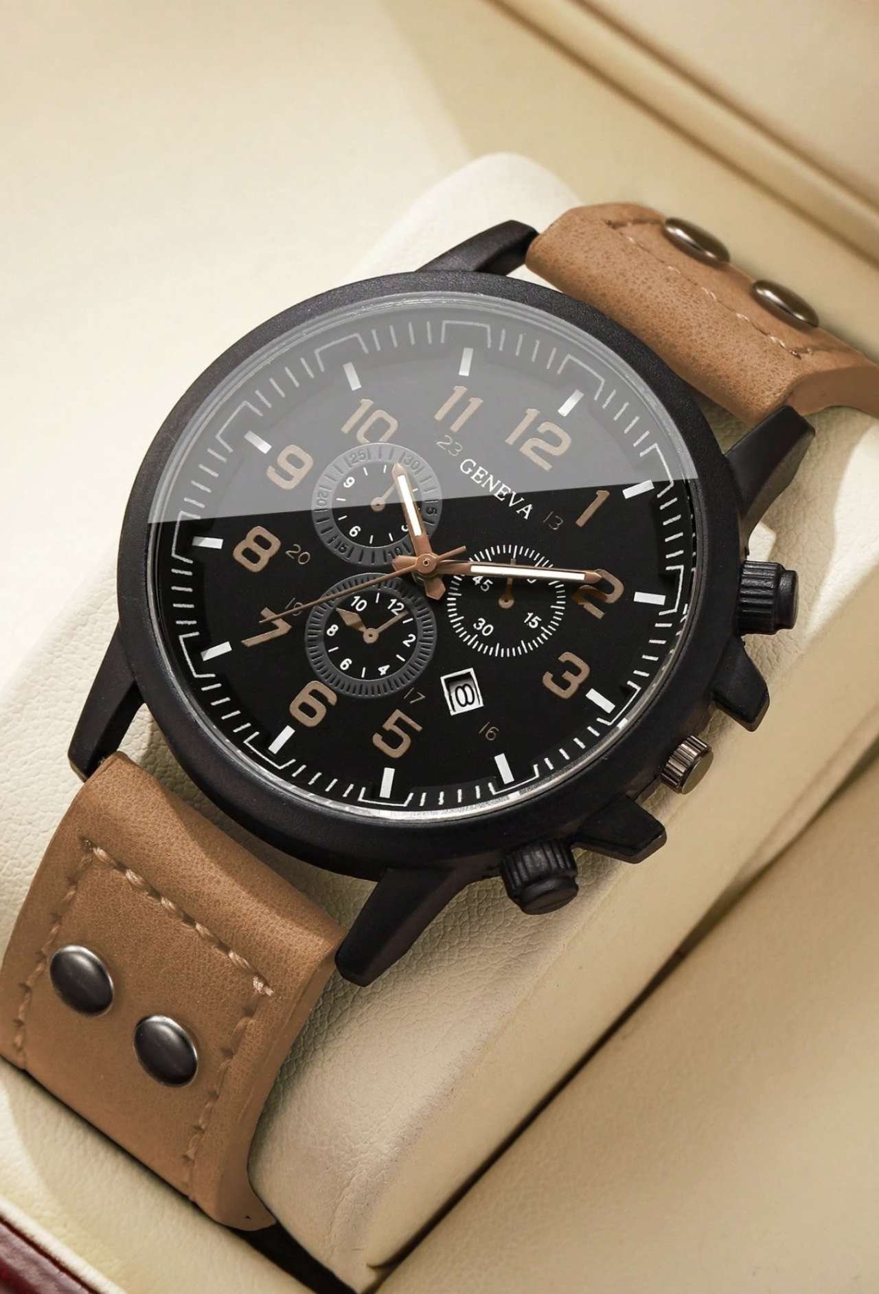 Men's Gift Watch PU Strap Classic Three-Eye Digital Calendar Dial Sports Casual Quartz Wristwatch, G