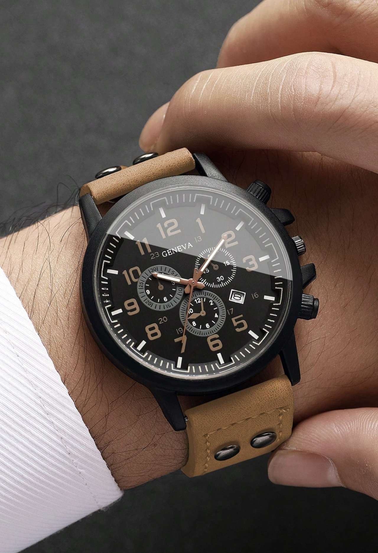 Men's Gift Watch PU Strap Classic Three-Eye Digital Calendar Dial Sports Casual Quartz Wristwatch, G