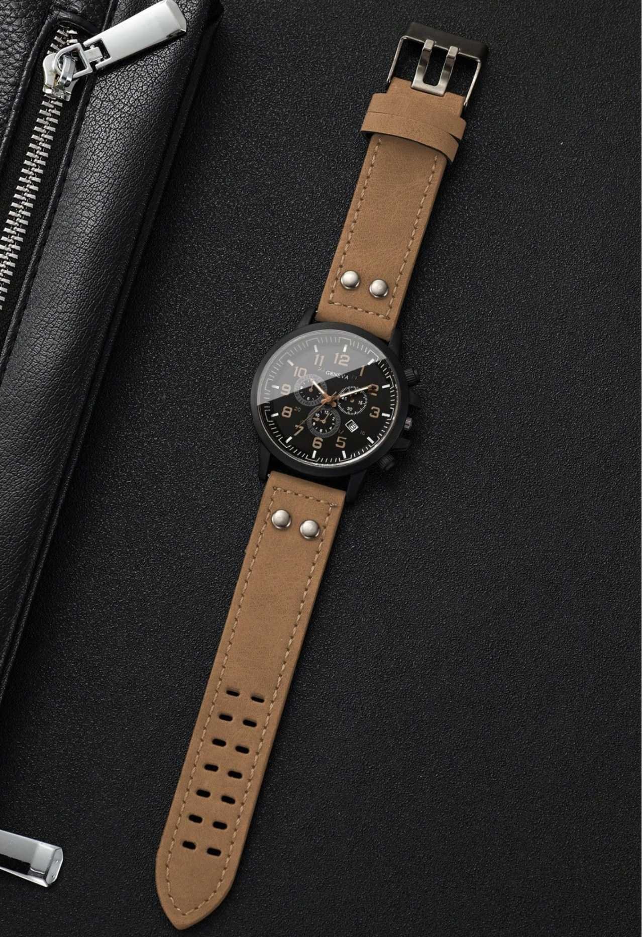 Men's Gift Watch PU Strap Classic Three-Eye Digital Calendar Dial Sports Casual Quartz Wristwatch, G
