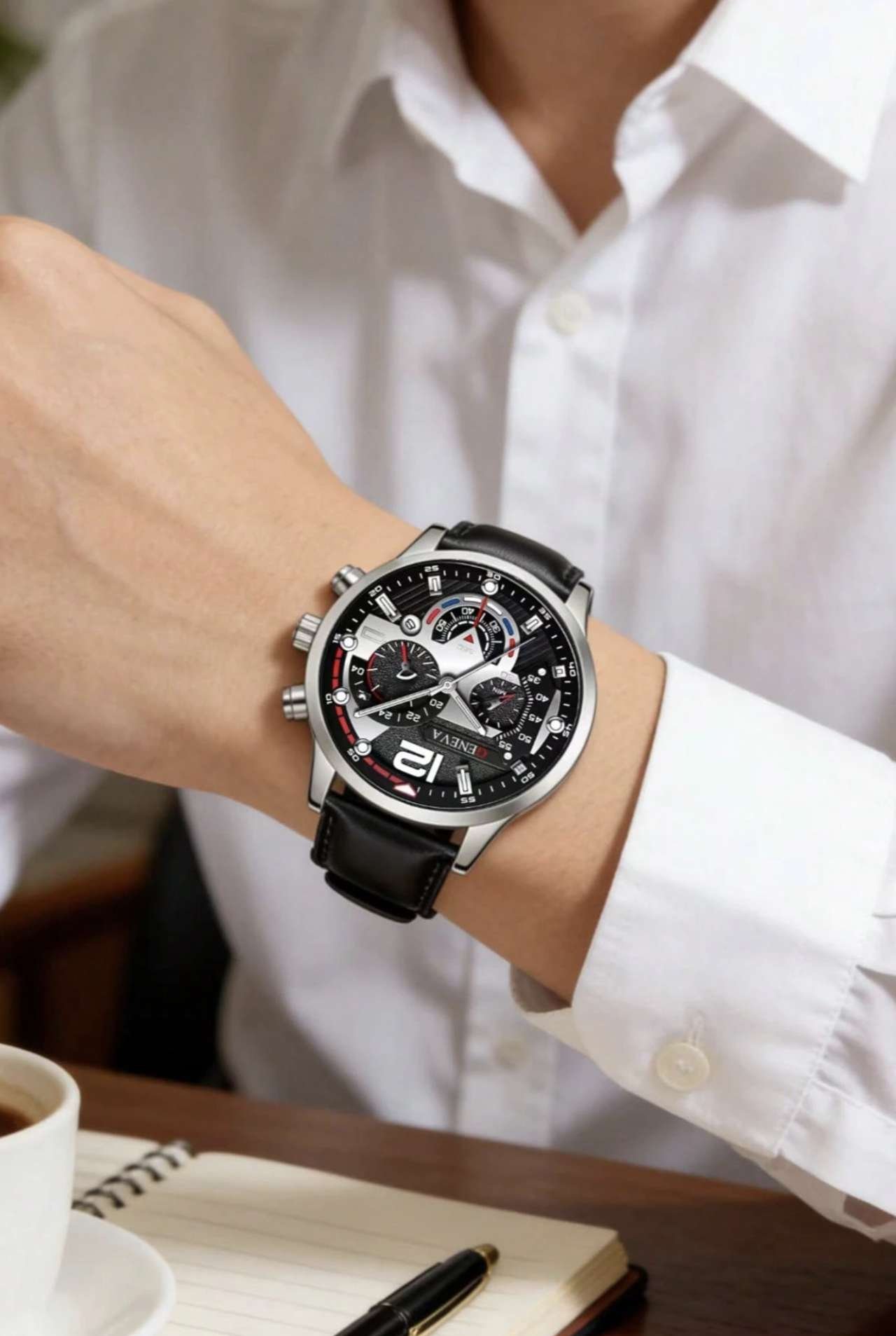 1pc/Set Men's Business Three-Eye Roman Dial Quartz Leather Strap Watch, Suitable For Daily Wear, Bir