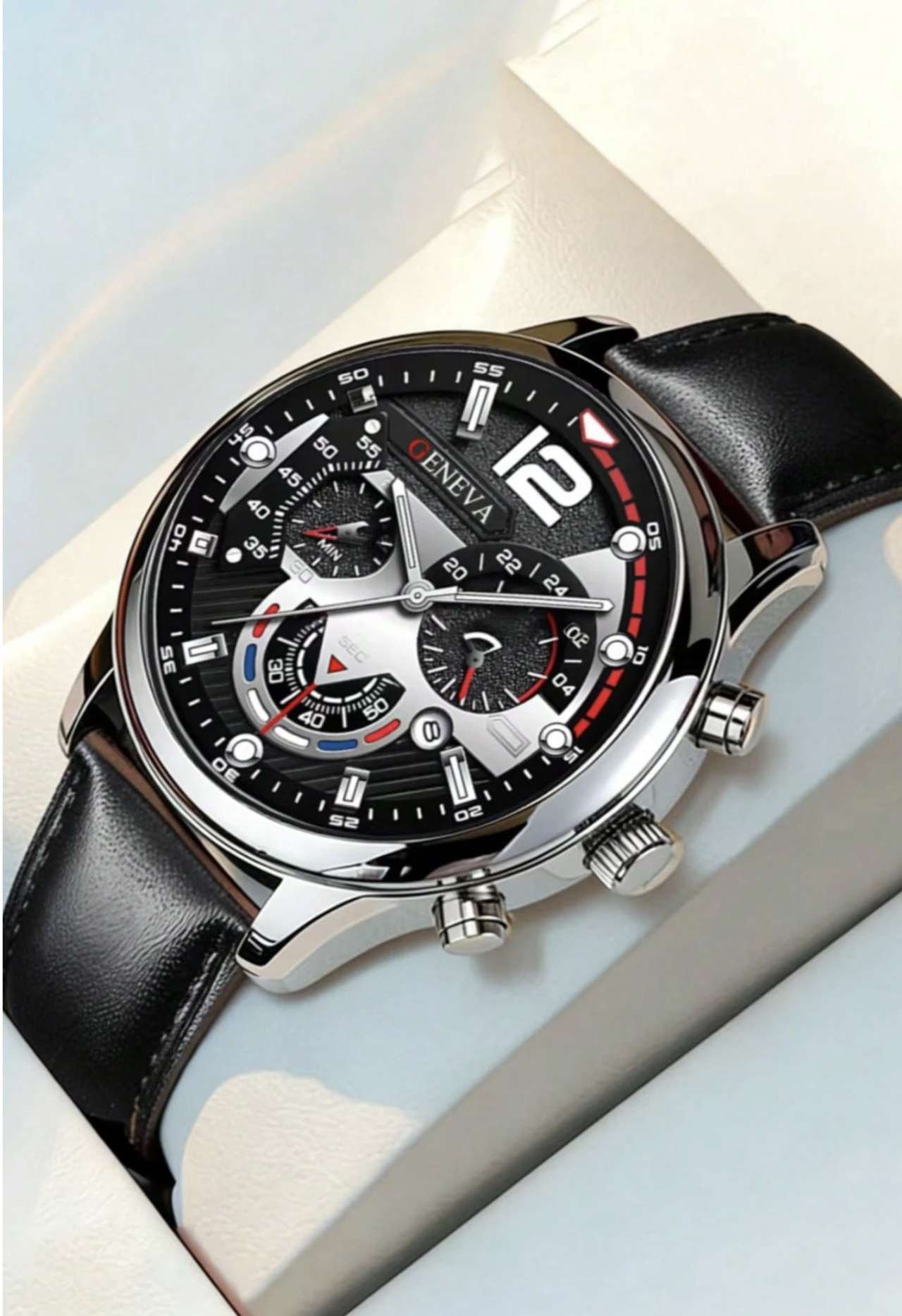 1pc/Set Men's Business Three-Eye Roman Dial Quartz Leather Strap Watch, Suitable For Daily Wear, Bir