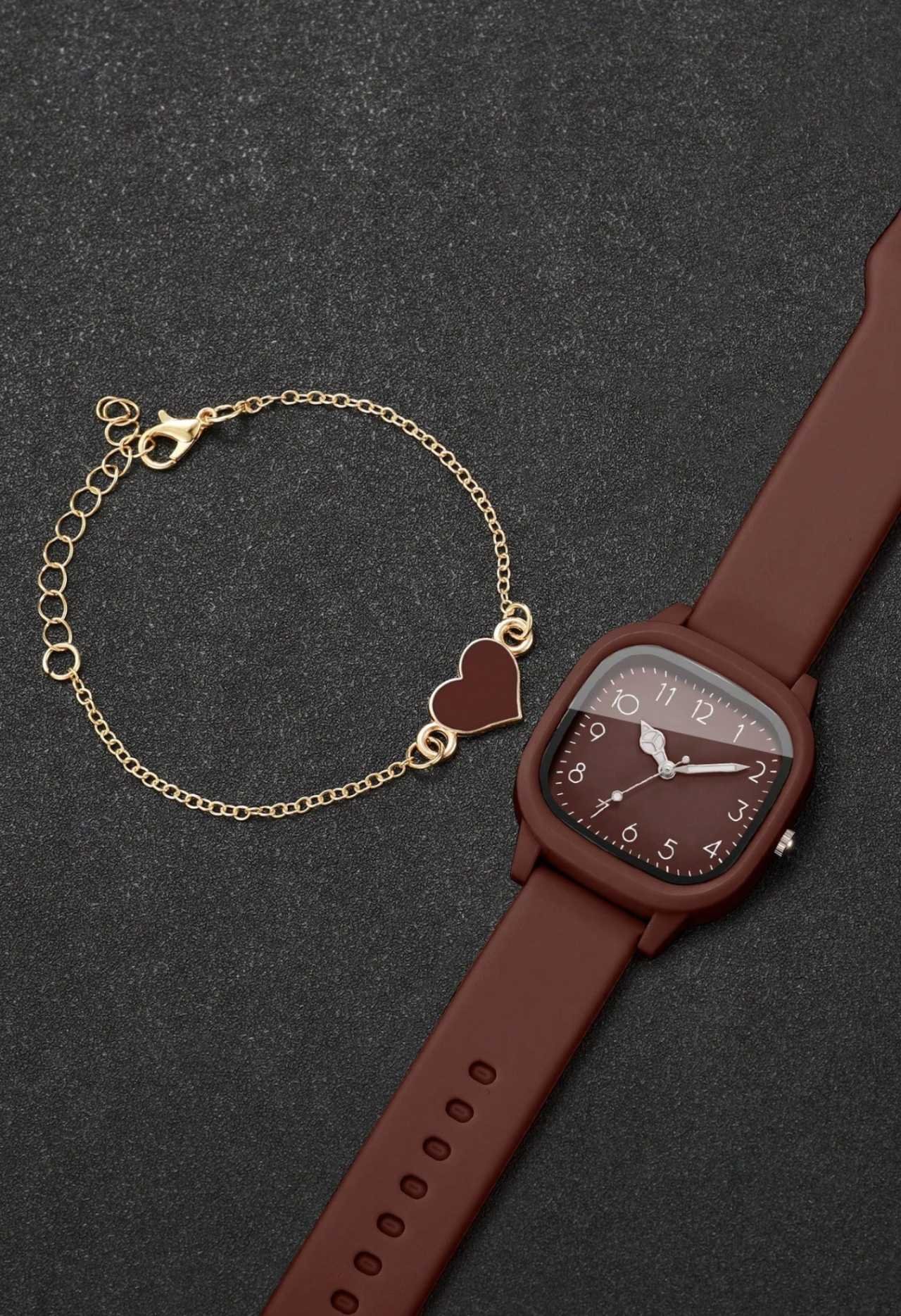 2pcs/Set Women's Silicone Watch With Square Dial & Elegant Quartz Wristwatch + Heart-Shaped Bracelet