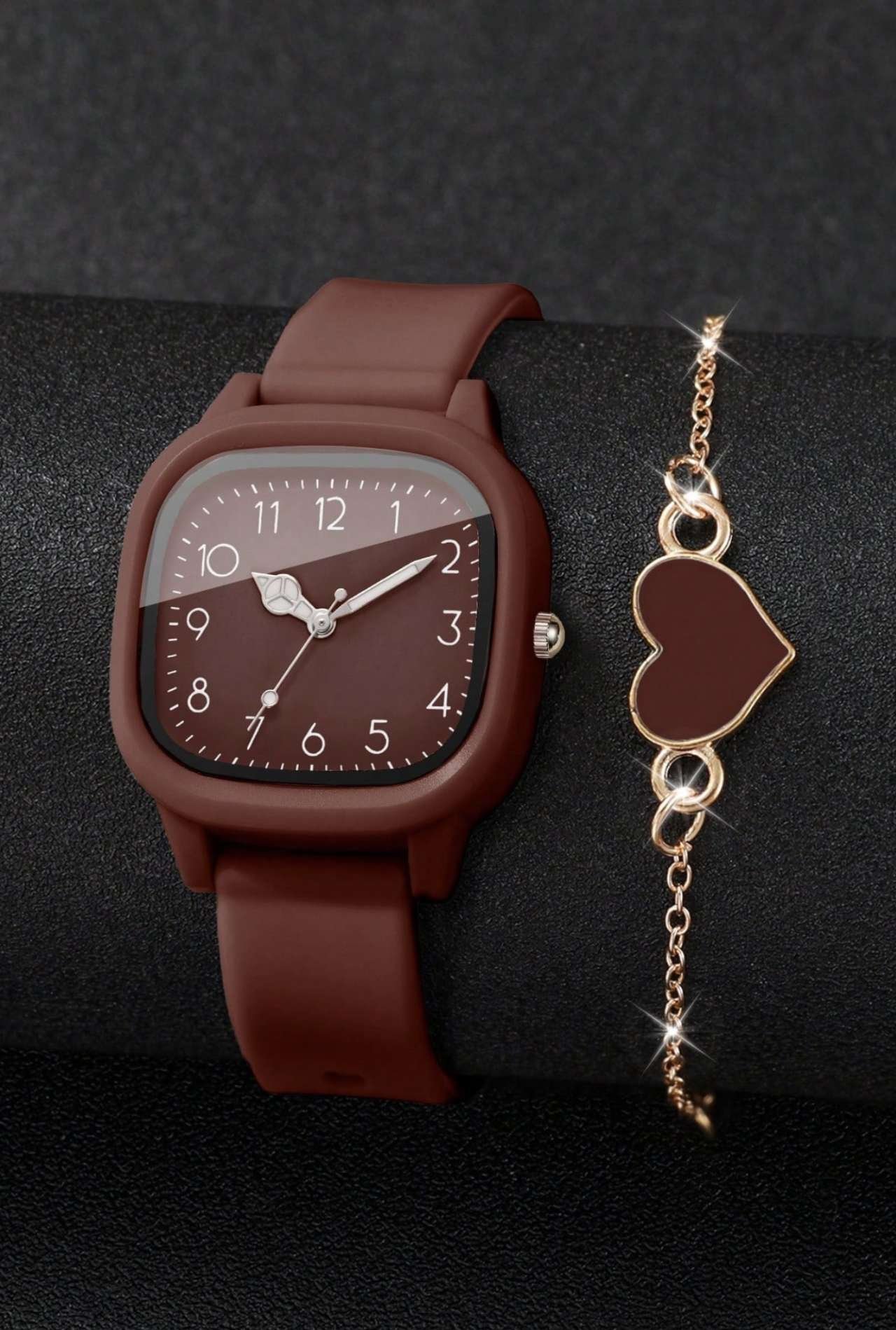 2pcs/Set Women's Silicone Watch With Square Dial & Elegant Quartz Wristwatch + Heart-Shaped Bracelet