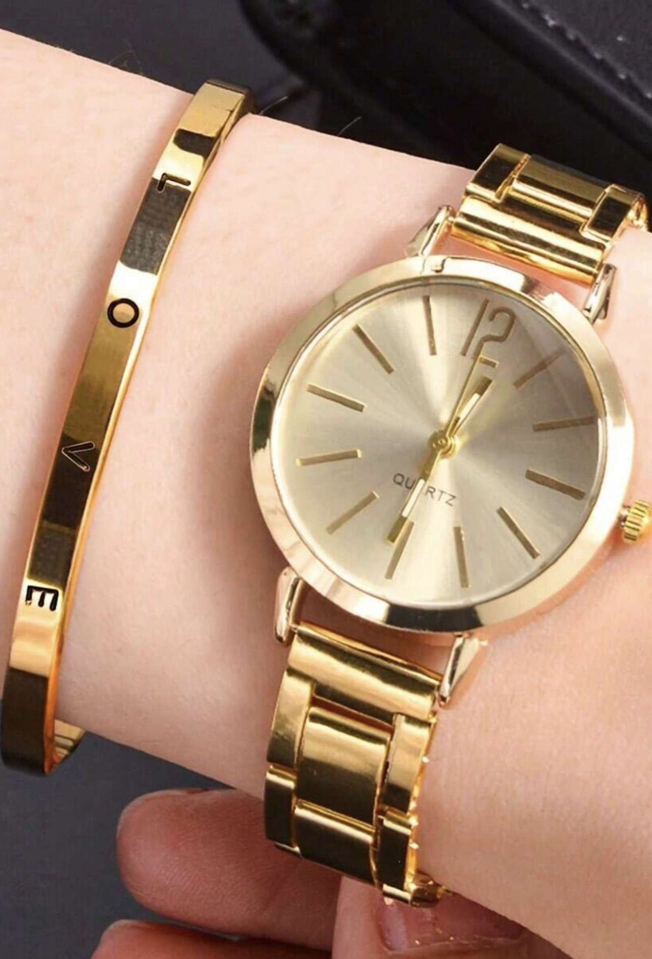 2pcs/Set Ladies Watch Gold Watch Alloy Quartz Women's Watch With Steel Band & Love Bracelet Design