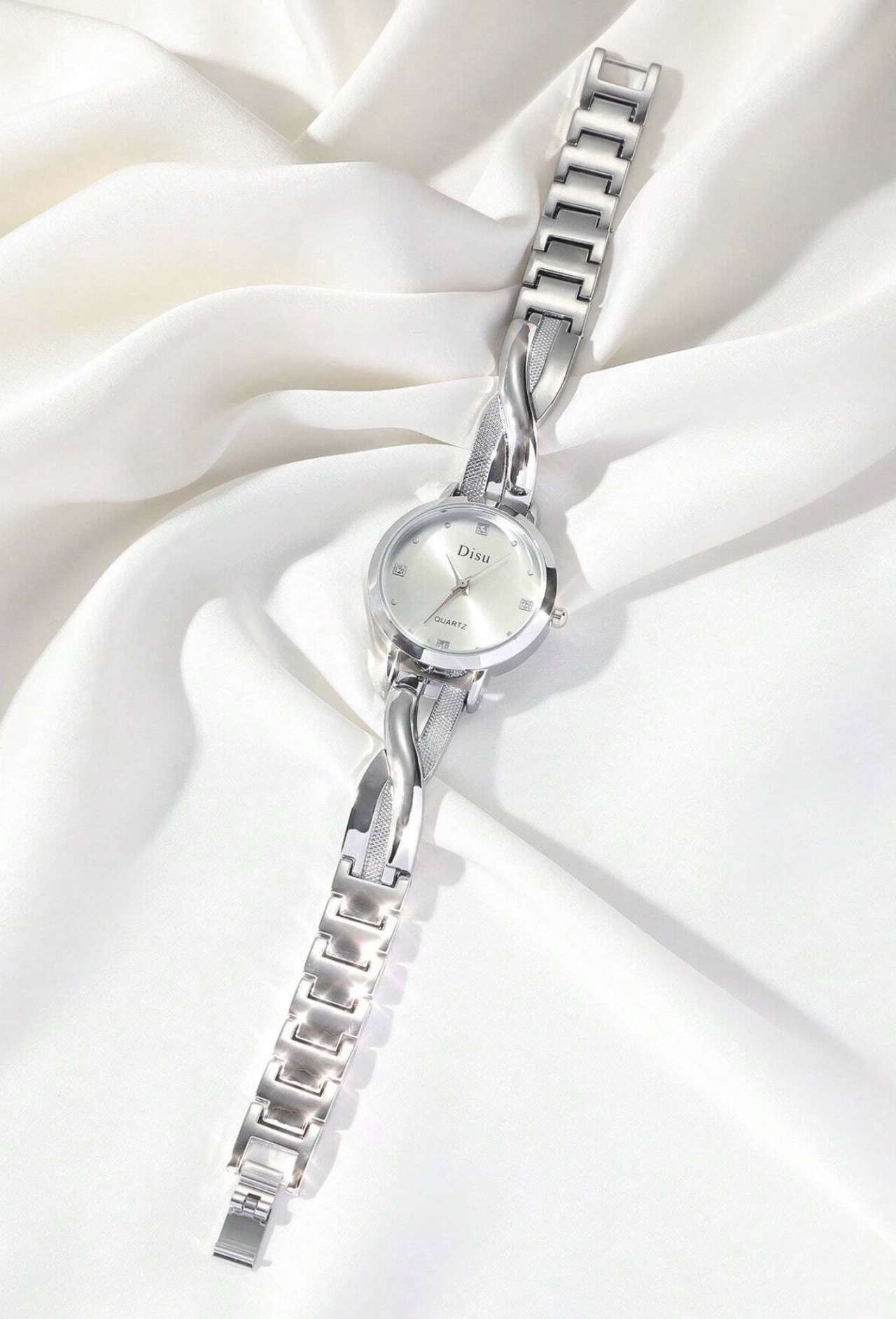 Disu Ladies Silver Stainless Steel Strap Classic Business Casual Watch With Rhinestone Quartz Moveme