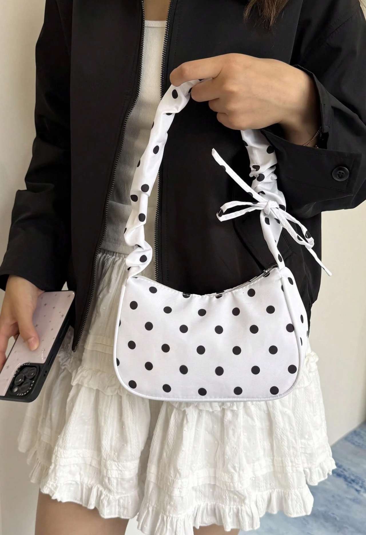 1pc White Nylon Fabric Smooth Zipper Drawstring Shoulder Strap Polka Dot Print Fashion Versatile Cas