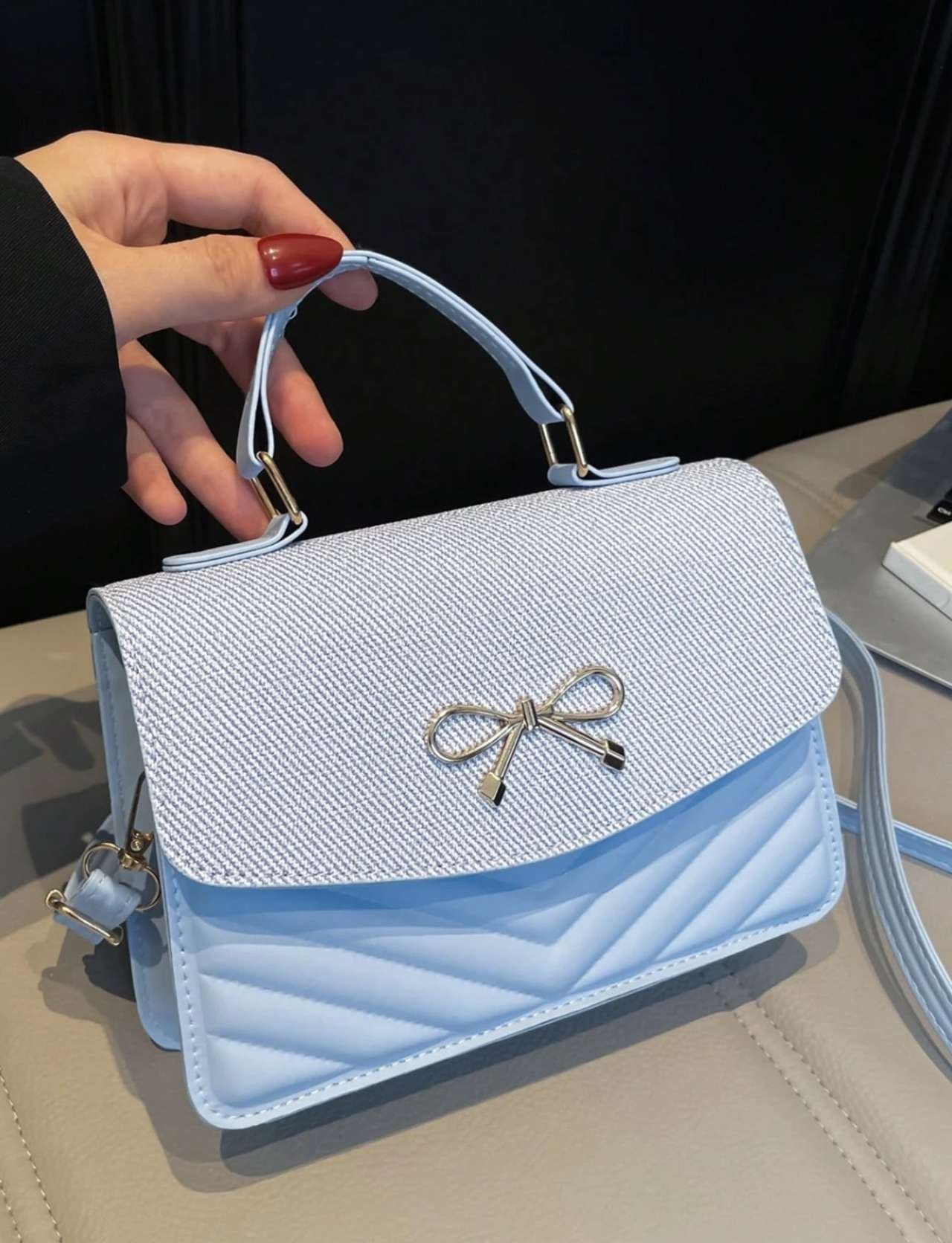 Solid Color PU Leather Patchwork Bow Design Flap Shoulder Crossbody Square Bag, Suitable For Women's
