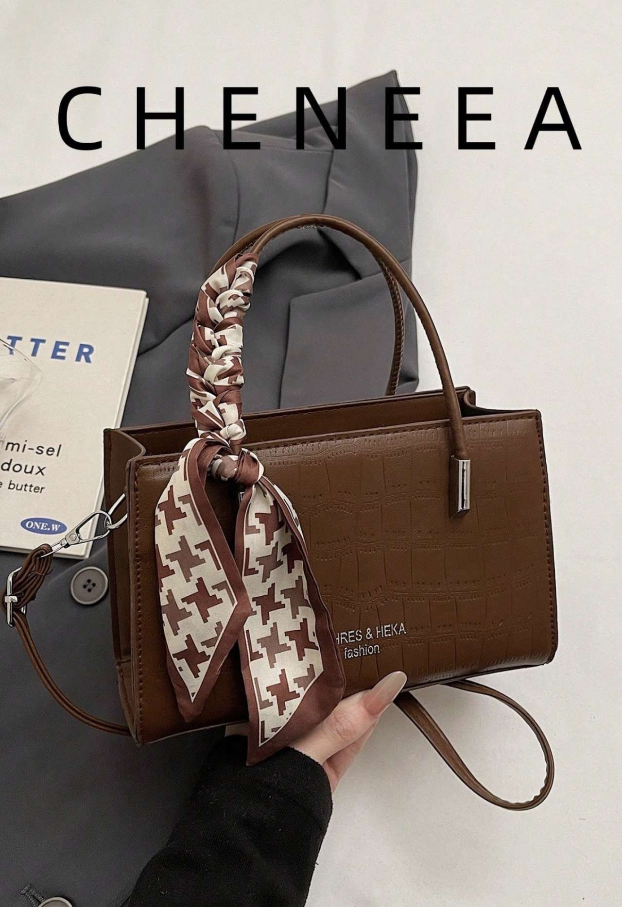New Retro Fashion Crease Mini Top Handle Bag, Decorated With Scarf, Zipper Closure, Adjustable Long 