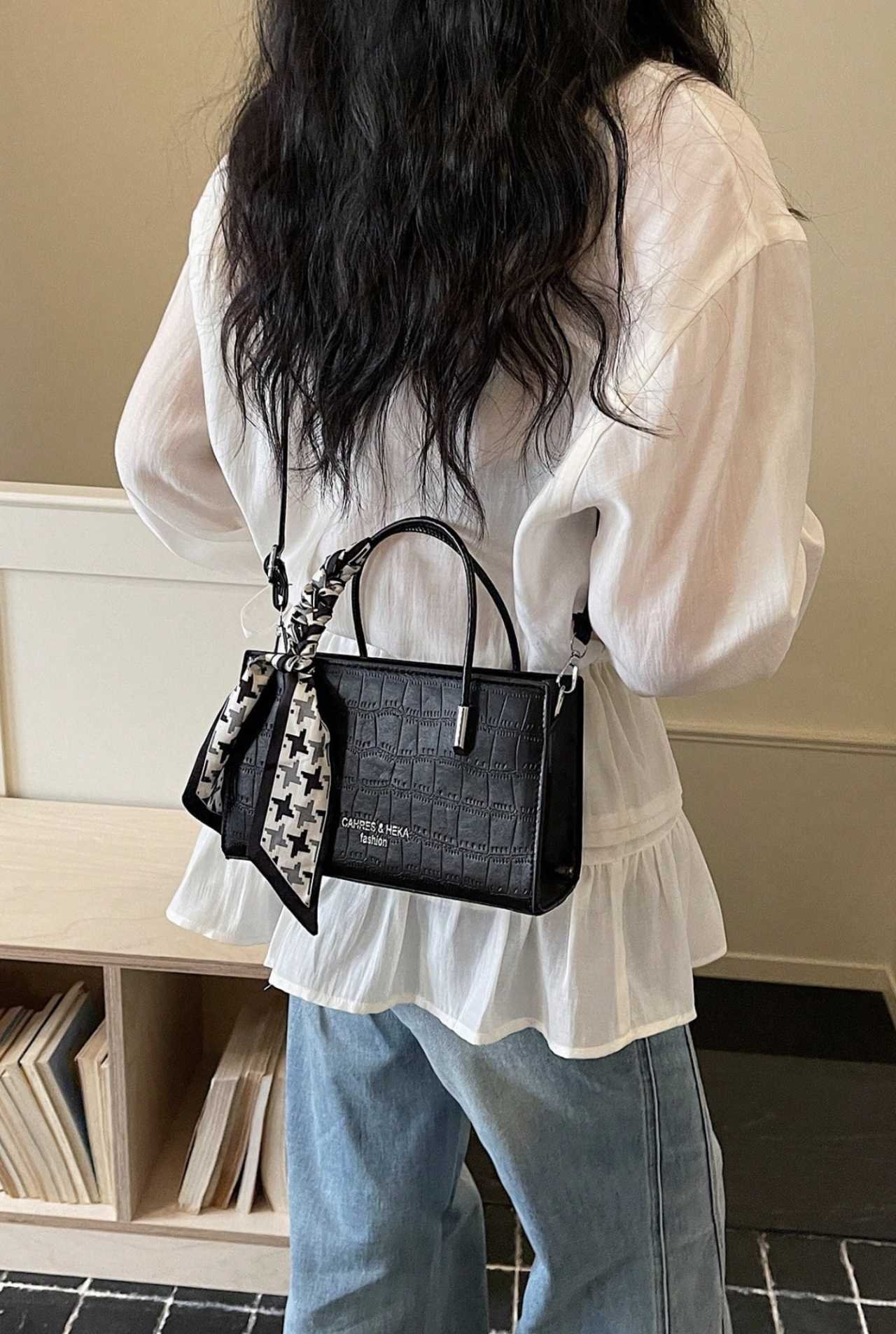 New Retro Fashion Crease Mini Top Handle Bag, Decorated With Scarf, Zipper Closure, Adjustable Long 
