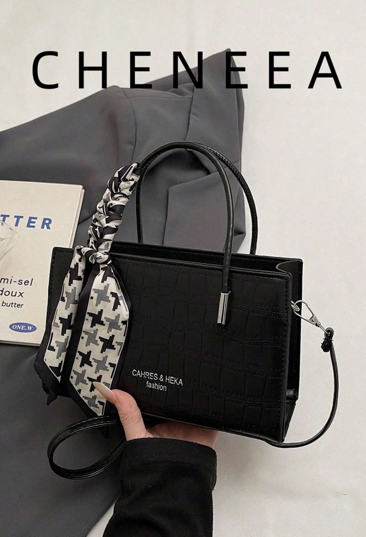 New Retro Fashion Crease Mini Top Handle Bag, Decorated With Scarf, Zipper Closure, Adjustable Long 