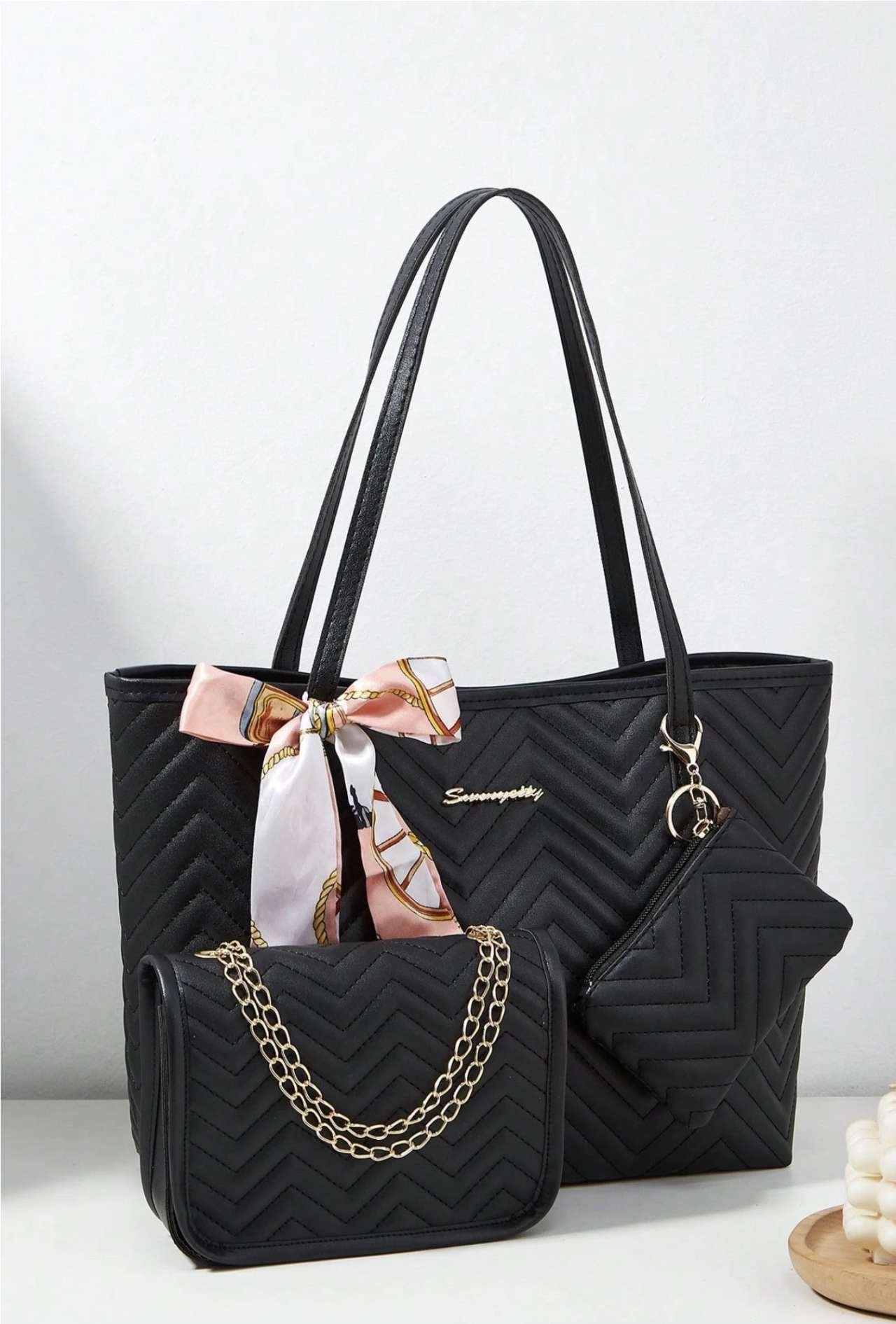 3pcs/Set Women's Shoulder Scarf, Tote Bag, Shoulder Bag & Coin Purse Combination, Large Capacity, Wa