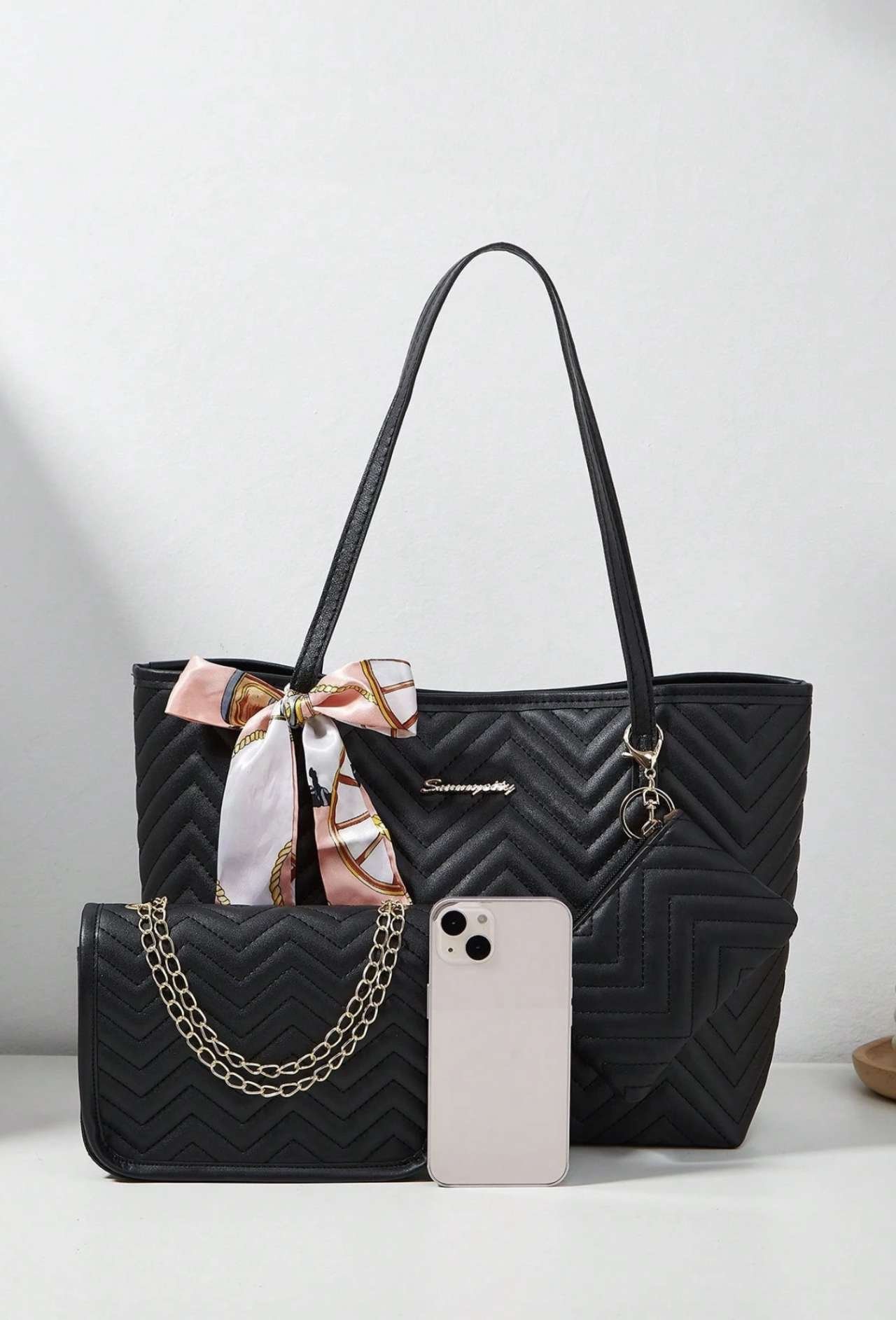 3pcs/Set Women's Shoulder Scarf, Tote Bag, Shoulder Bag & Coin Purse Combination, Large Capacity, Wa